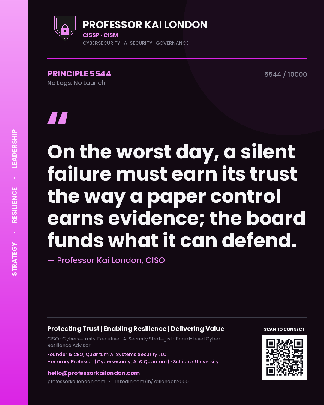 Quote card by Professor Kai London reading 'On the worst day, a silent failure must earn its trust the way a paper control earns evidence; the board funds what it can defend.'. From the book No Logs, No Launch.