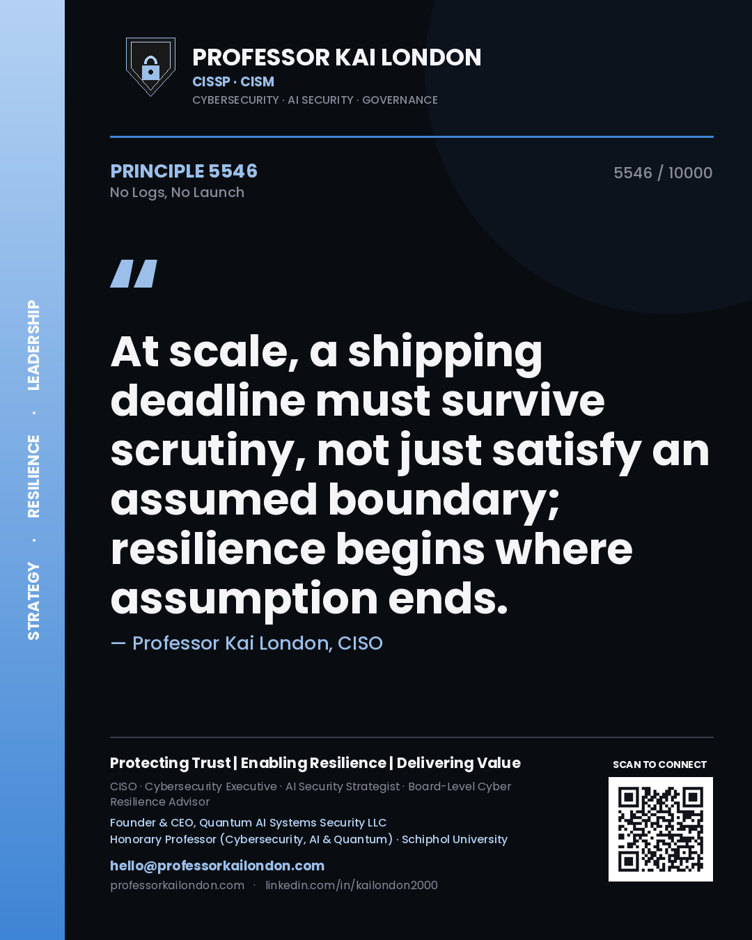Quote card by Professor Kai London reading 'At scale, a shipping deadline must survive scrutiny, not just satisfy an assumed boundary; resilience begins where assumption ends.'. From the book No Logs, No Launch.