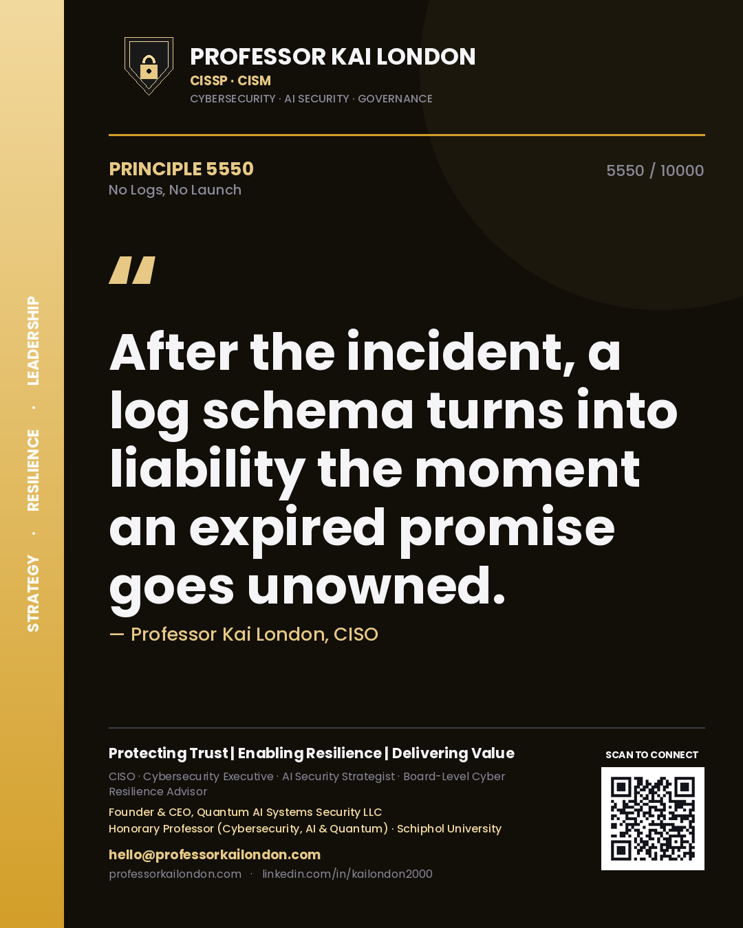 Quote card by Professor Kai London reading 'After the incident, a log schema turns into liability the moment an expired promise goes unowned.'. From the book No Logs, No Launch.