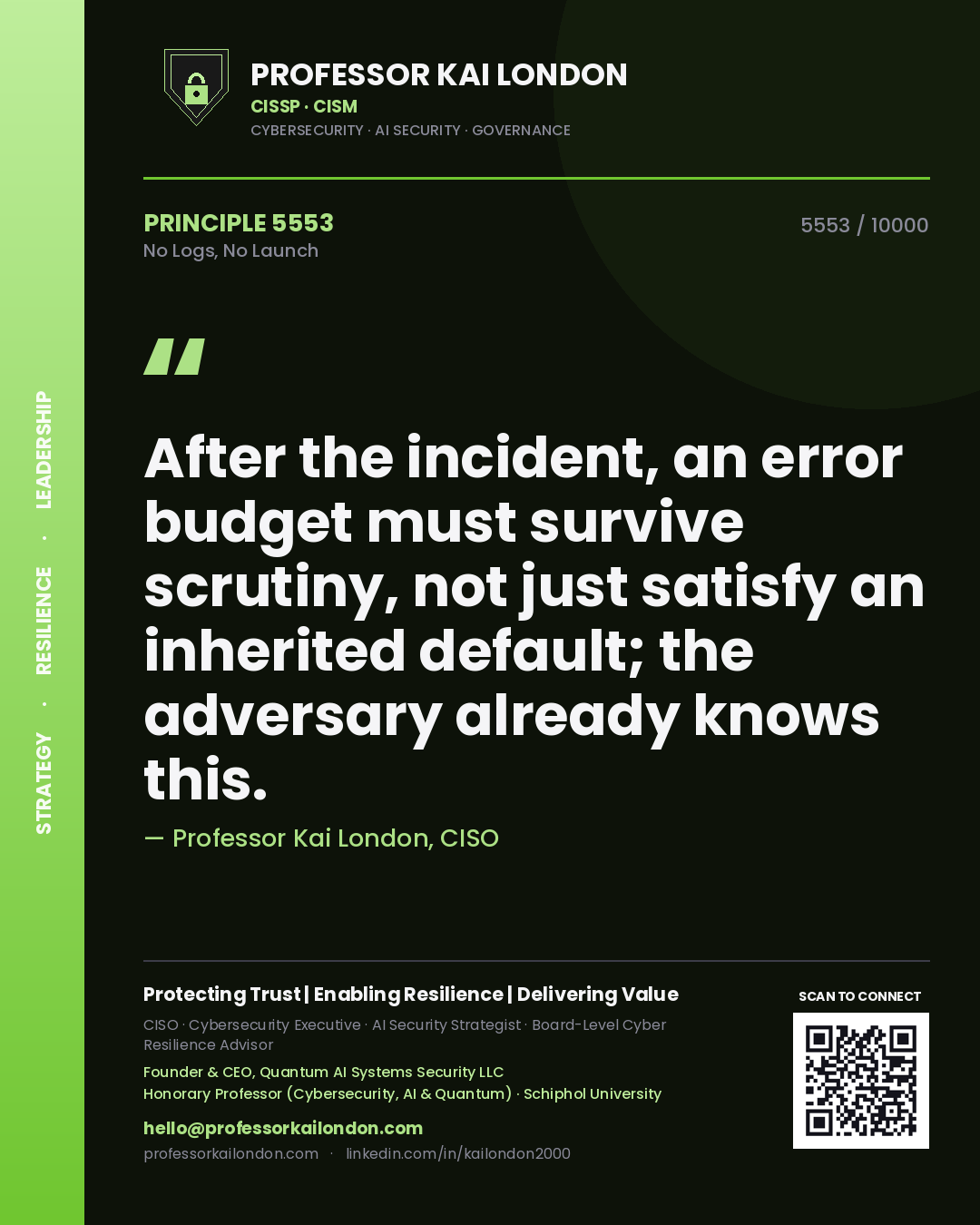 Professor Kai London principle 5553: After the incident, an error budget must survive scrutiny, not just satisfy an inherited default; the adversary already knows this.