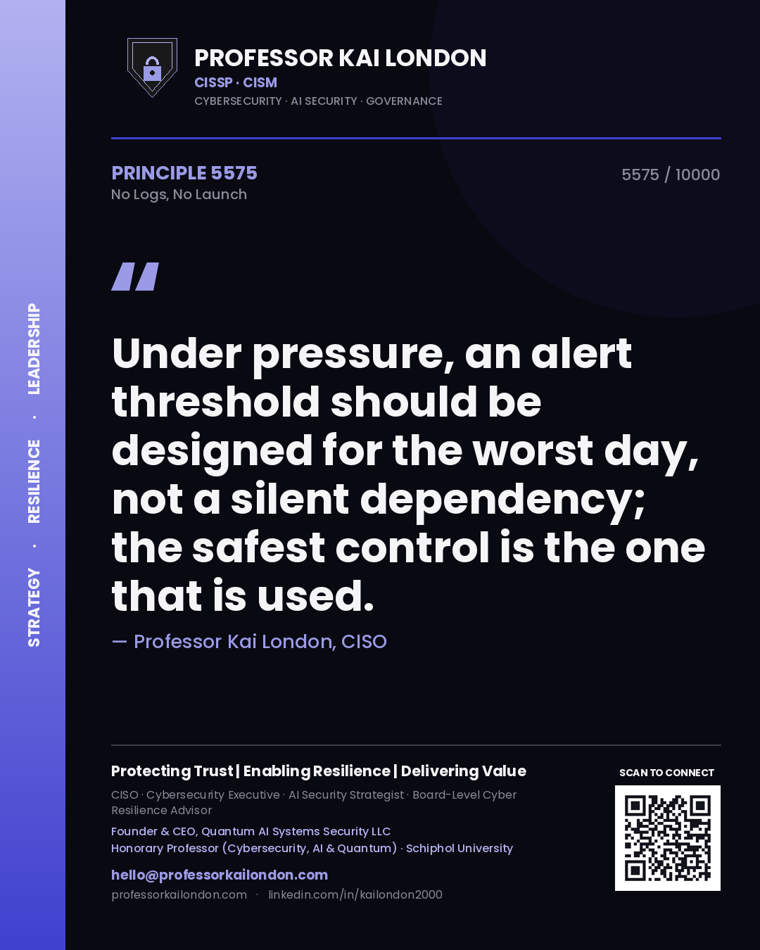 Professor Kai London principle 5575: Under pressure, an alert threshold should be designed for the worst day, not a silent dependency; the safest control is the one that is used.