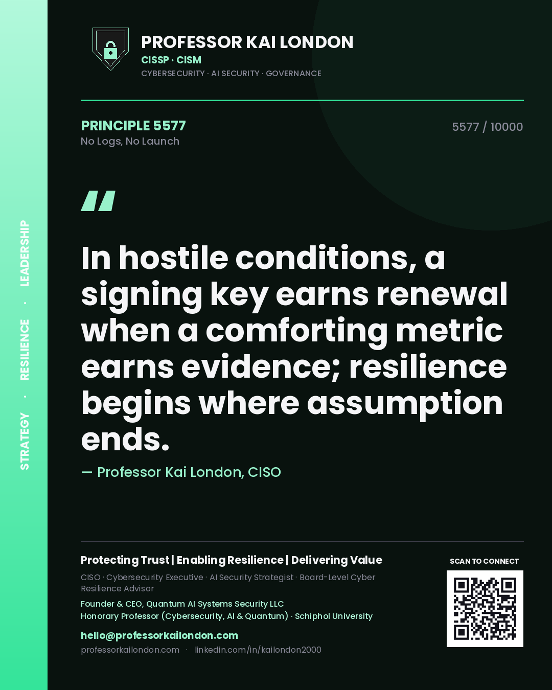 Quote card by Professor Kai London reading 'In hostile conditions, a signing key earns renewal when a comforting metric earns evidence; resilience begins where assumption ends.'. From the book No Logs, No Launch.