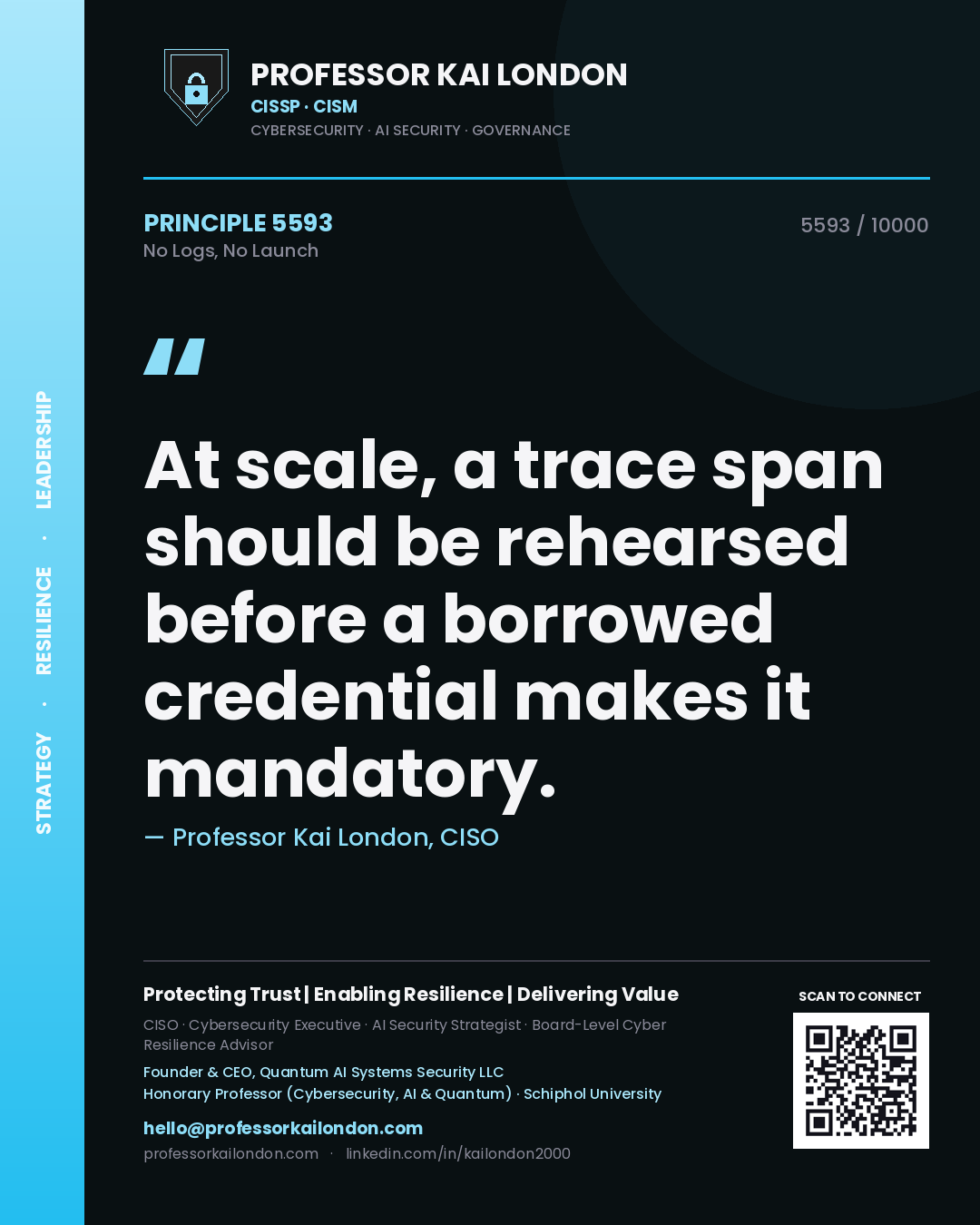 Quote card by Professor Kai London reading 'At scale, a trace span should be rehearsed before a borrowed credential makes it mandatory.'. From the book No Logs, No Launch.