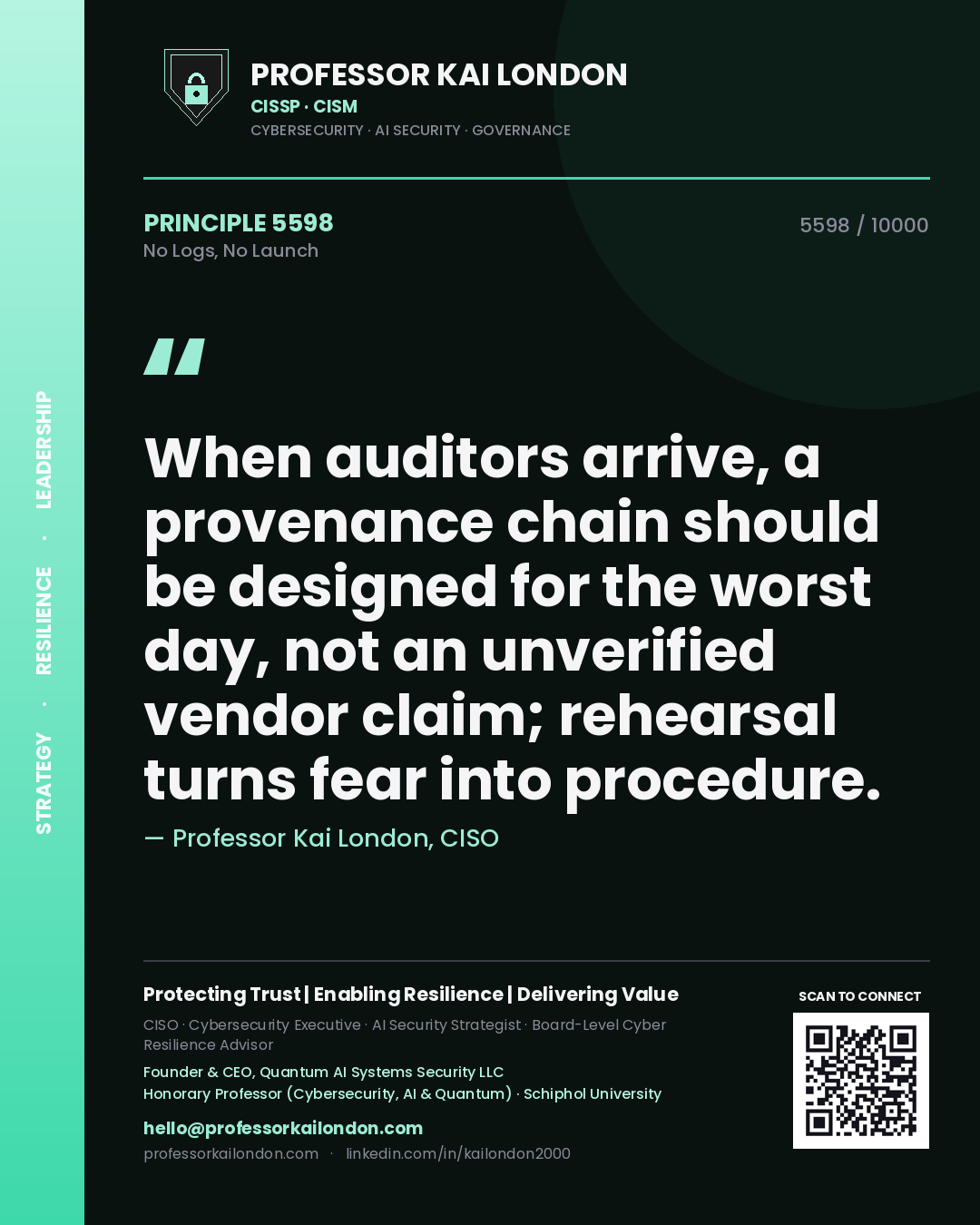 Quote card by Professor Kai London reading 'When auditors arrive, a provenance chain should be designed for the worst day, not an unverified vendor claim; rehearsal turns fear into procedure.'. From the book No Logs, No Launch.