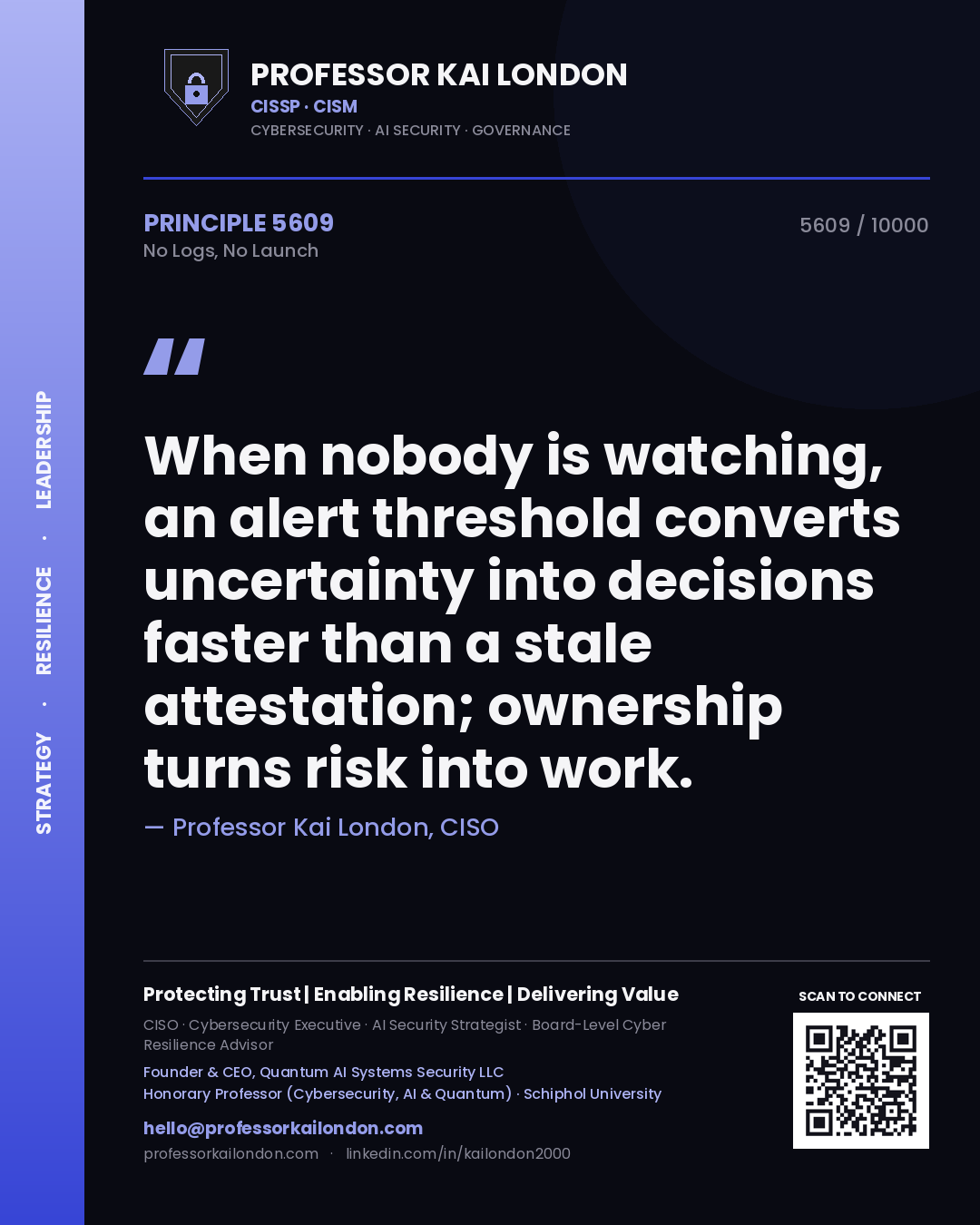 Quote card by Professor Kai London reading 'When nobody is watching, an alert threshold converts uncertainty into decisions faster than a stale attestation; ownership turns risk into work.'. From the book No Logs, No Launch.