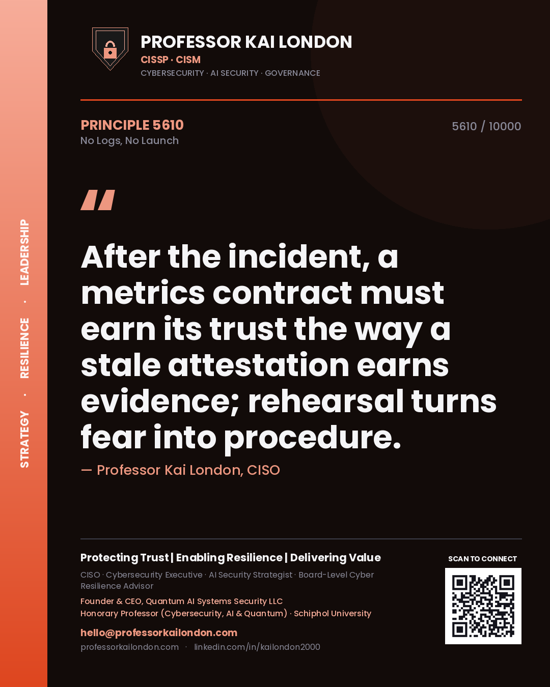 Professor Kai London principle 5610: After the incident, a metrics contract must earn its trust the way a stale attestation earns evidence; rehearsal turns fear into procedure.