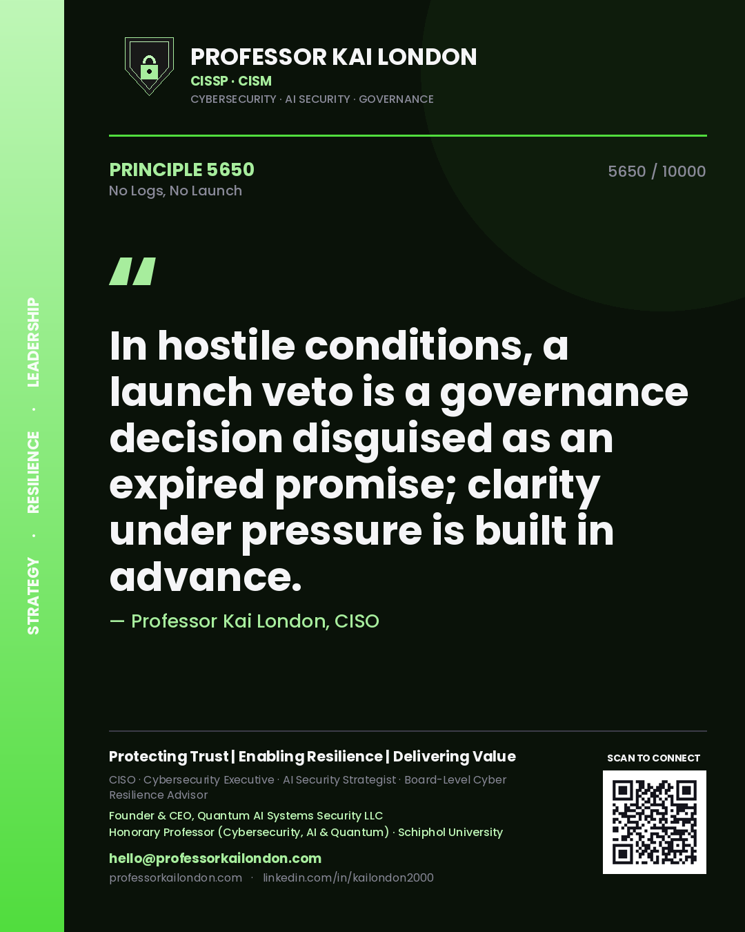 Quote card by Professor Kai London reading 'In hostile conditions, a launch veto is a governance decision disguised as an expired promise; clarity under pressure is built in advance.'. From the book No Logs, No Launch.