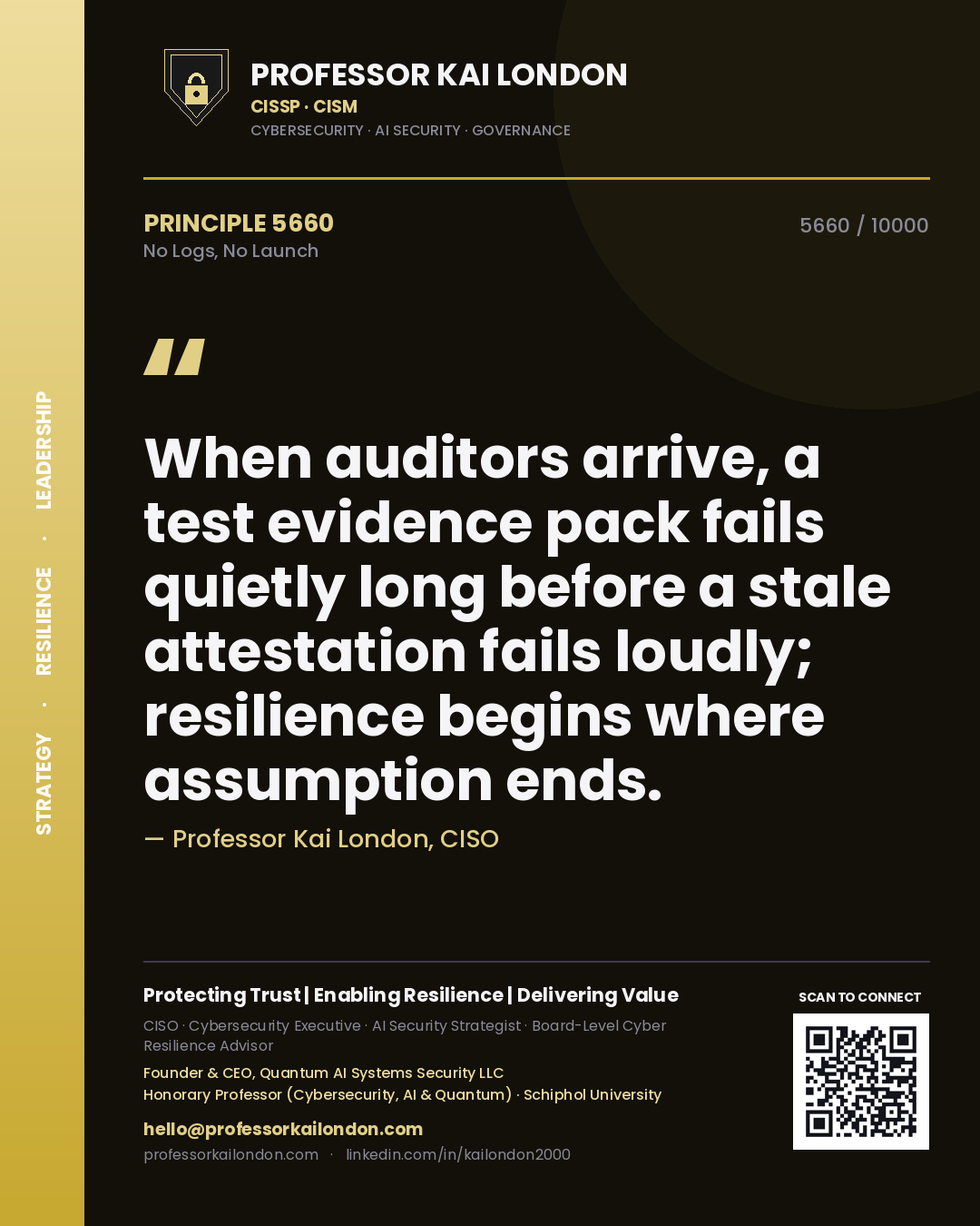 Professor Kai London principle 5660: When auditors arrive, a test evidence pack fails quietly long before a stale attestation fails loudly; resilience begins where assumption ends.