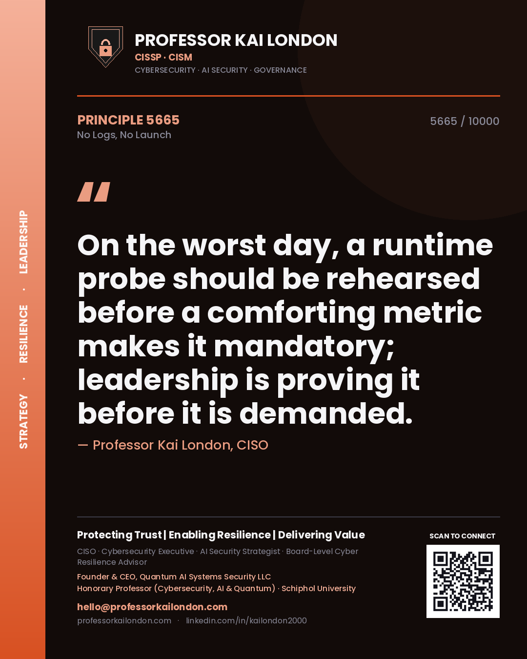 Quote card by Professor Kai London reading 'On the worst day, a runtime probe should be rehearsed before a comforting metric makes it mandatory; leadership is proving it before it is demanded.'. From the book No Logs, No Launch.