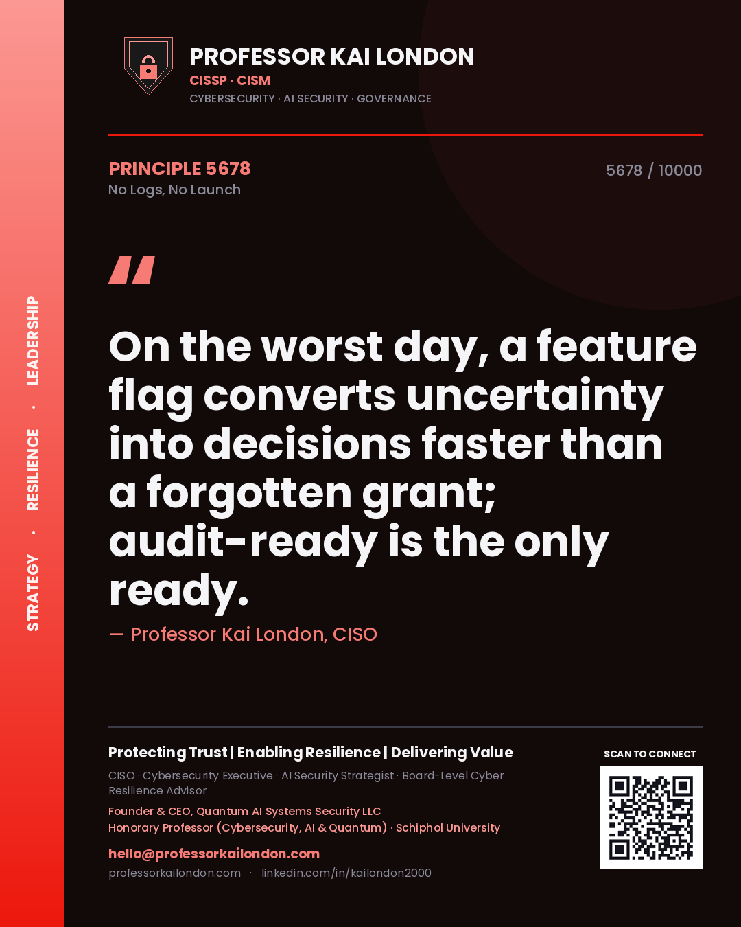 Professor Kai London principle 5678: On the worst day, a feature flag converts uncertainty into decisions faster than a forgotten grant; audit-ready is the only ready.
