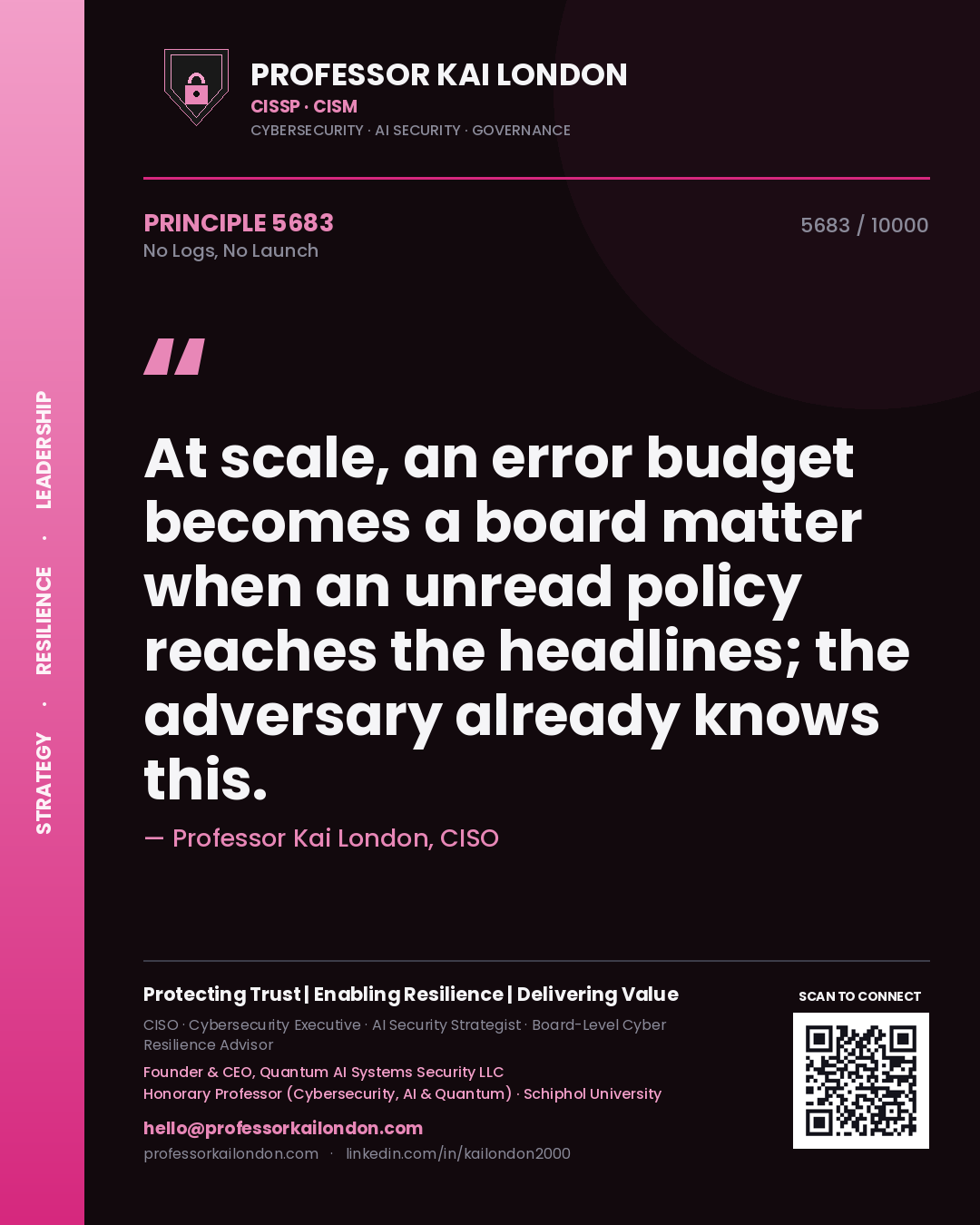 Quote card by Professor Kai London reading 'At scale, an error budget becomes a board matter when an unread policy reaches the headlines; the adversary already knows this.'. From the book No Logs, No Launch.