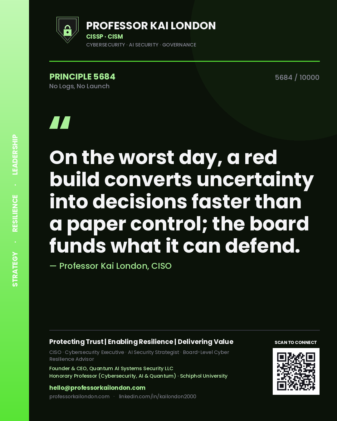 Professor Kai London principle 5684: On the worst day, a red build converts uncertainty into decisions faster than a paper control; the board funds what it can defend.
