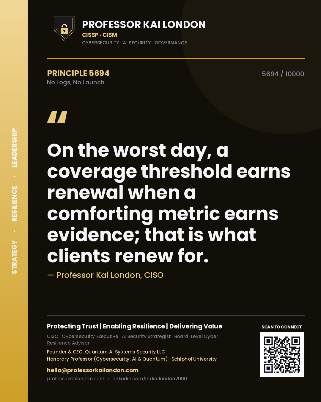 Professor Kai London principle 5694: On the worst day, a coverage threshold earns renewal when a comforting metric earns evidence; that is what clients renew for.