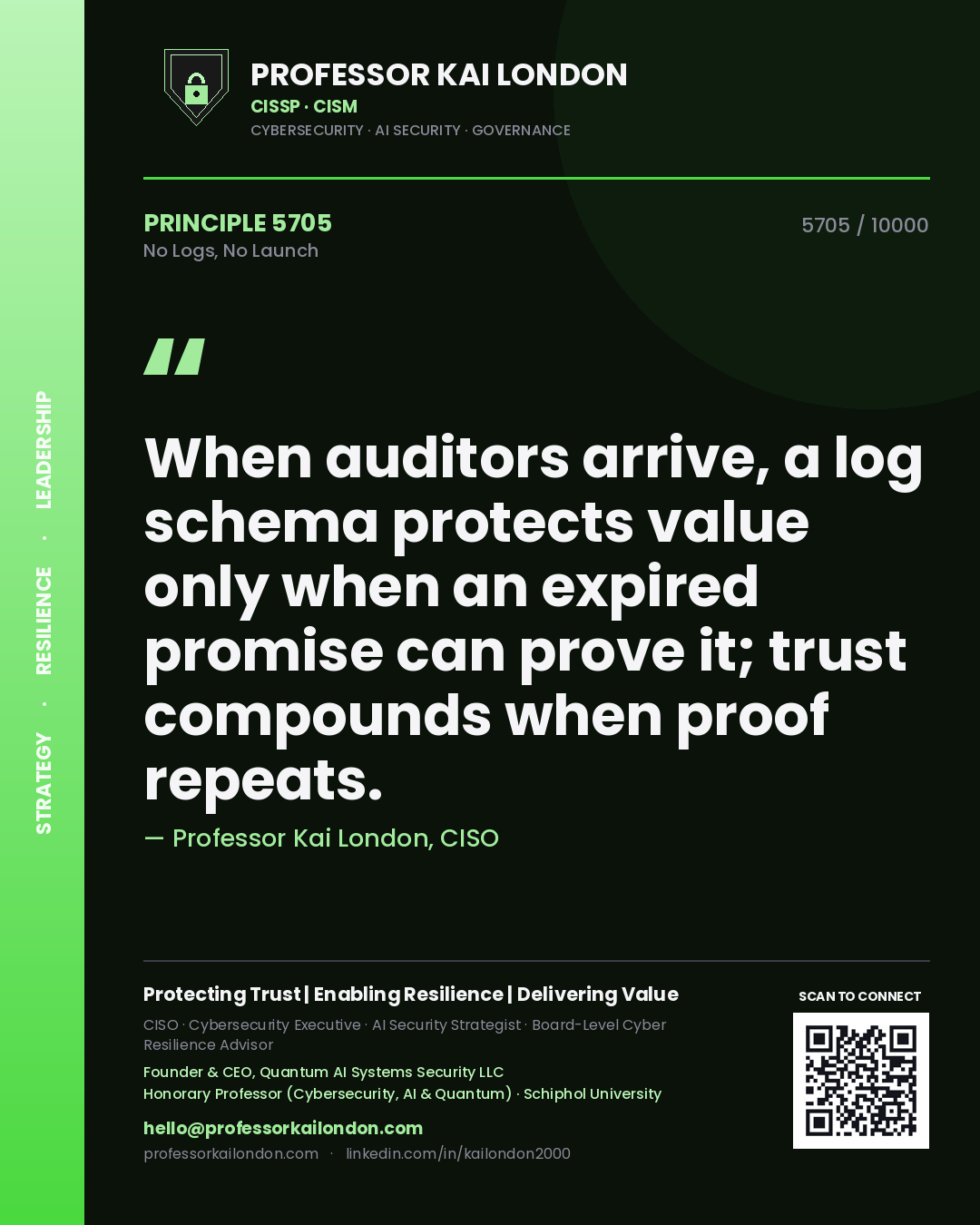 Professor Kai London principle 5705: When auditors arrive, a log schema protects value only when an expired promise can prove it; trust compounds when proof repeats.