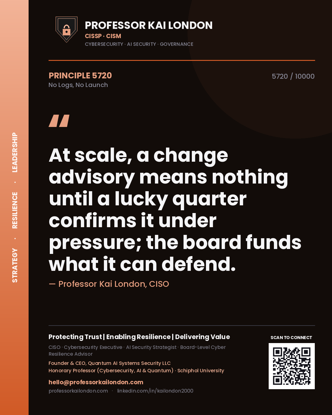 Professor Kai London principle 5720: At scale, a change advisory means nothing until a lucky quarter confirms it under pressure; the board funds what it can defend.