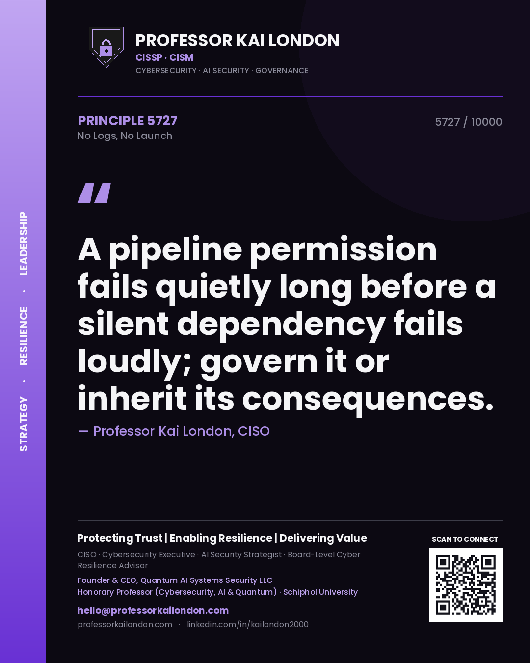 Professor Kai London principle 5727: A pipeline permission fails quietly long before a silent dependency fails loudly; govern it or inherit its consequences.