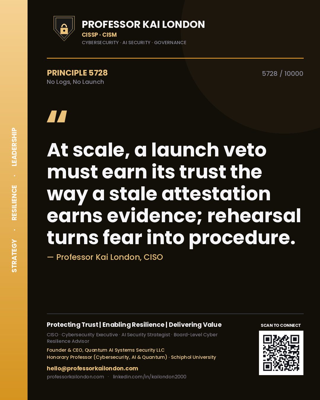 Quote card by Professor Kai London reading 'At scale, a launch veto must earn its trust the way a stale attestation earns evidence; rehearsal turns fear into procedure.'. From the book No Logs, No Launch.