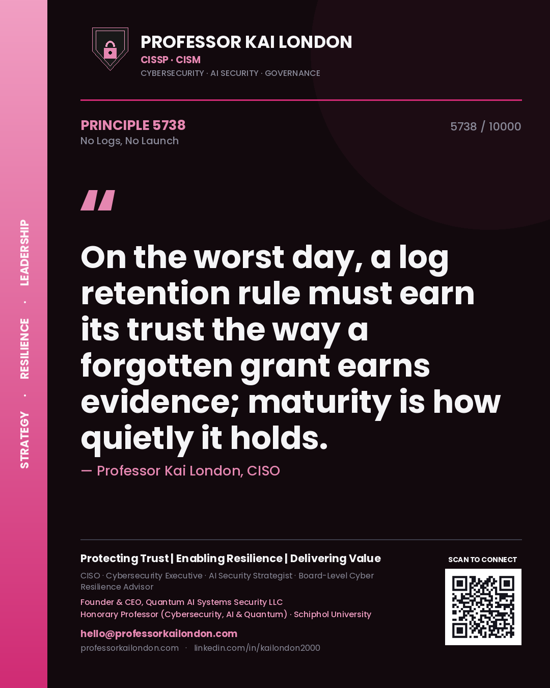 Professor Kai London principle 5738: On the worst day, a log retention rule must earn its trust the way a forgotten grant earns evidence; maturity is how quietly it holds.