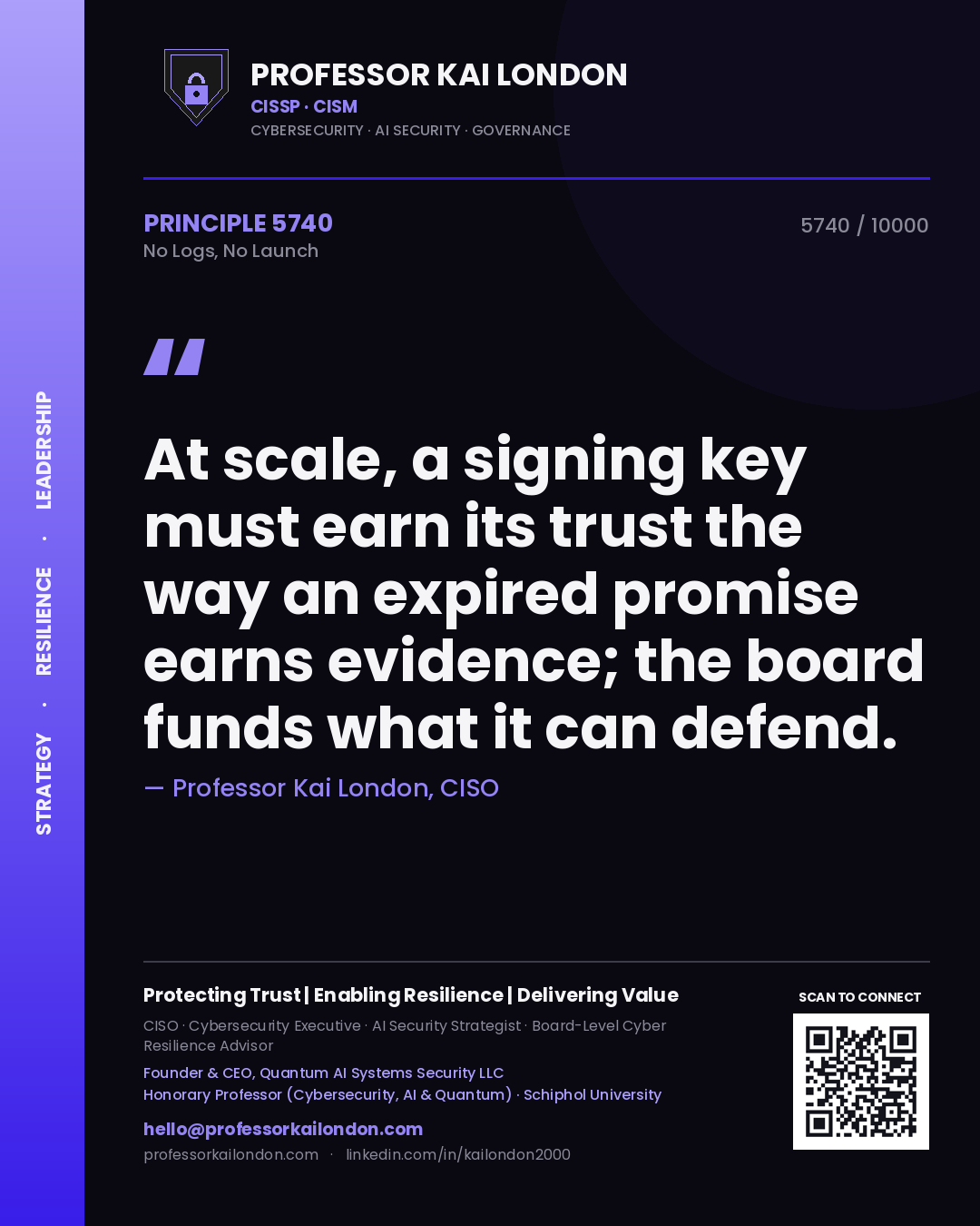Professor Kai London principle 5740: At scale, a signing key must earn its trust the way an expired promise earns evidence; the board funds what it can defend.