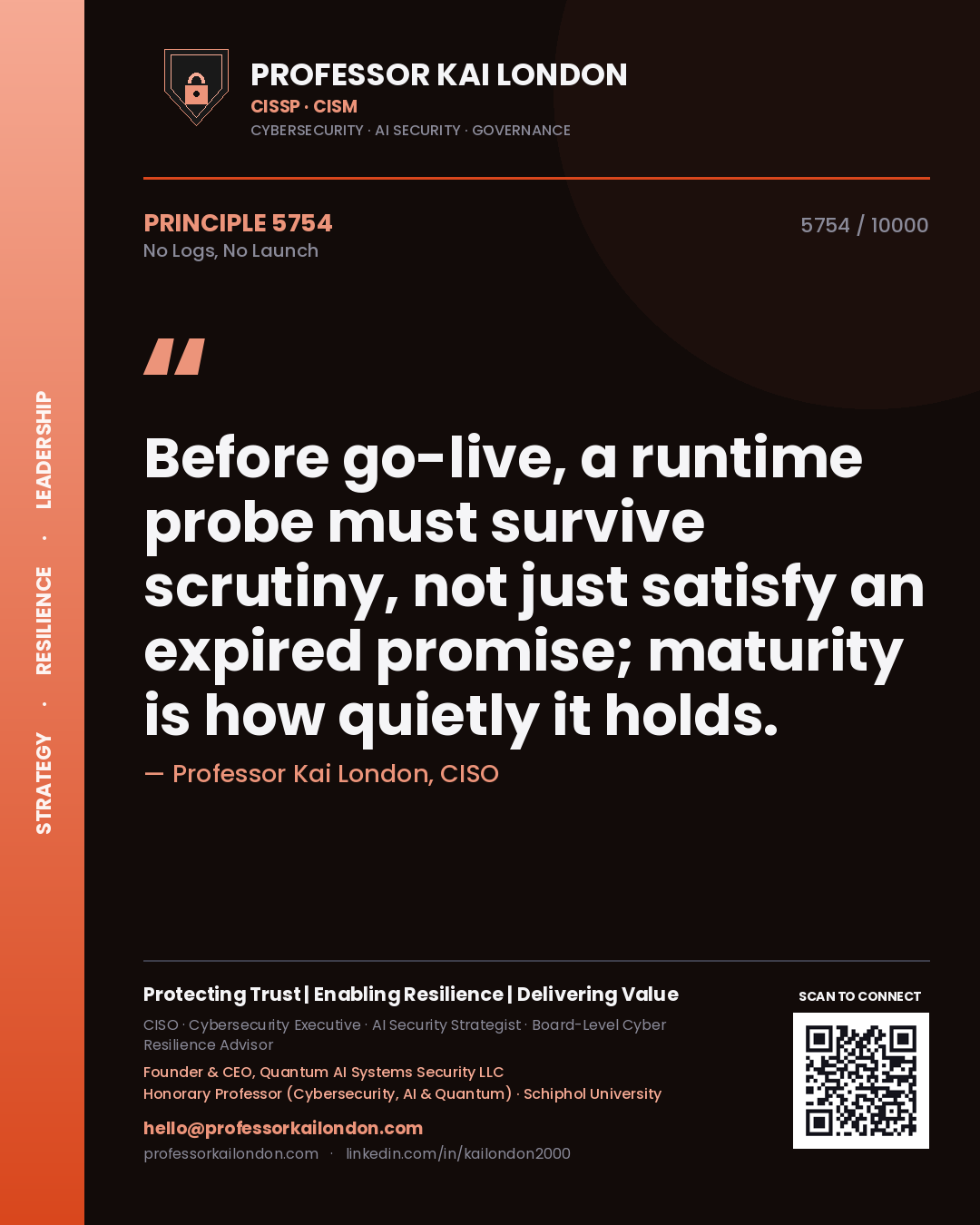 Professor Kai London principle 5754: Before go-live, a runtime probe must survive scrutiny, not just satisfy an expired promise; maturity is how quietly it holds.