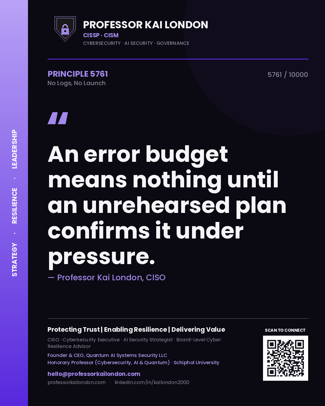 Quote card by Professor Kai London reading 'An error budget means nothing until an unrehearsed plan confirms it under pressure.'. From the book No Logs, No Launch.