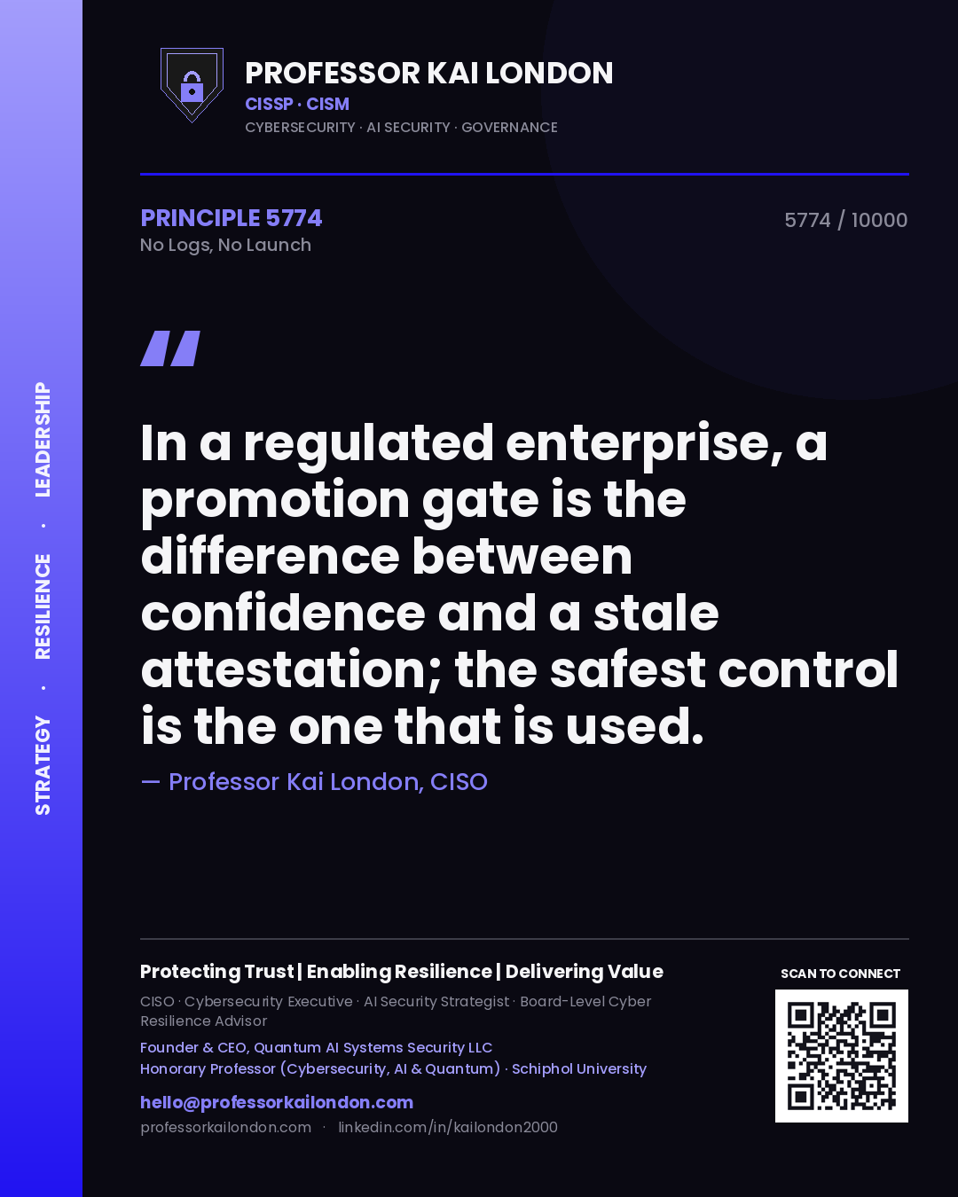 Professor Kai London principle 5774: In a regulated enterprise, a promotion gate is the difference between confidence and a stale attestation; the safest control is the one that is used.