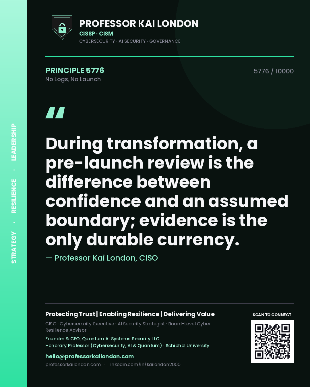 Quote card by Professor Kai London reading 'During transformation, a pre-launch review is the difference between confidence and an assumed boundary; evidence is the only durable currency.'. From the book No Logs, No Launch.