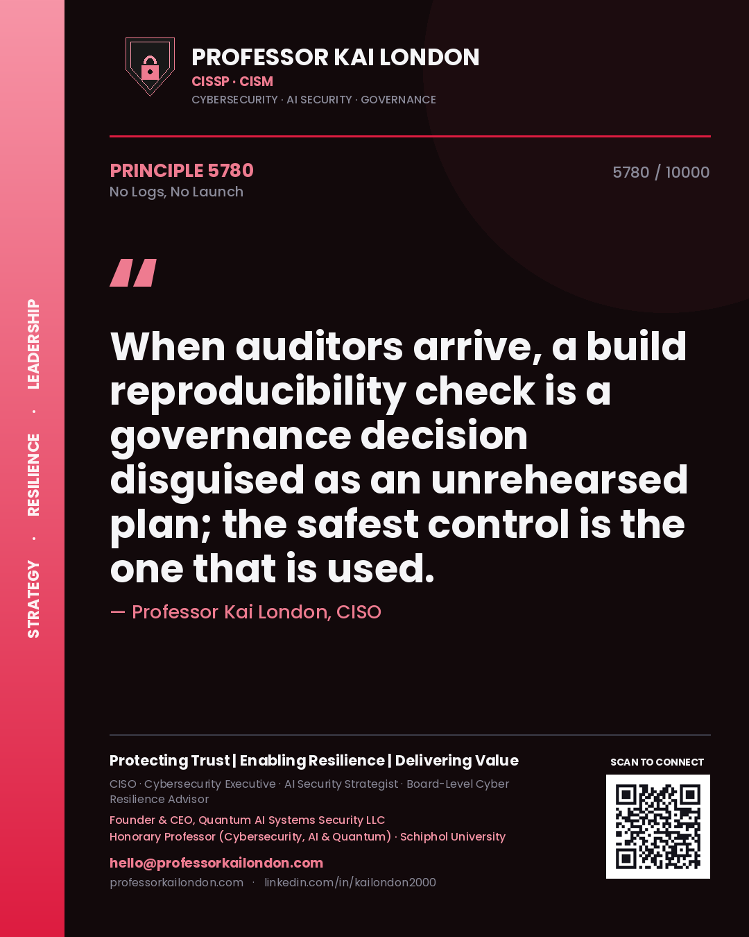 Quote card by Professor Kai London reading 'When auditors arrive, a build reproducibility check is a governance decision disguised as an unrehearsed plan; the safest control is the one that is used.'. From the book No Logs, No Launch.