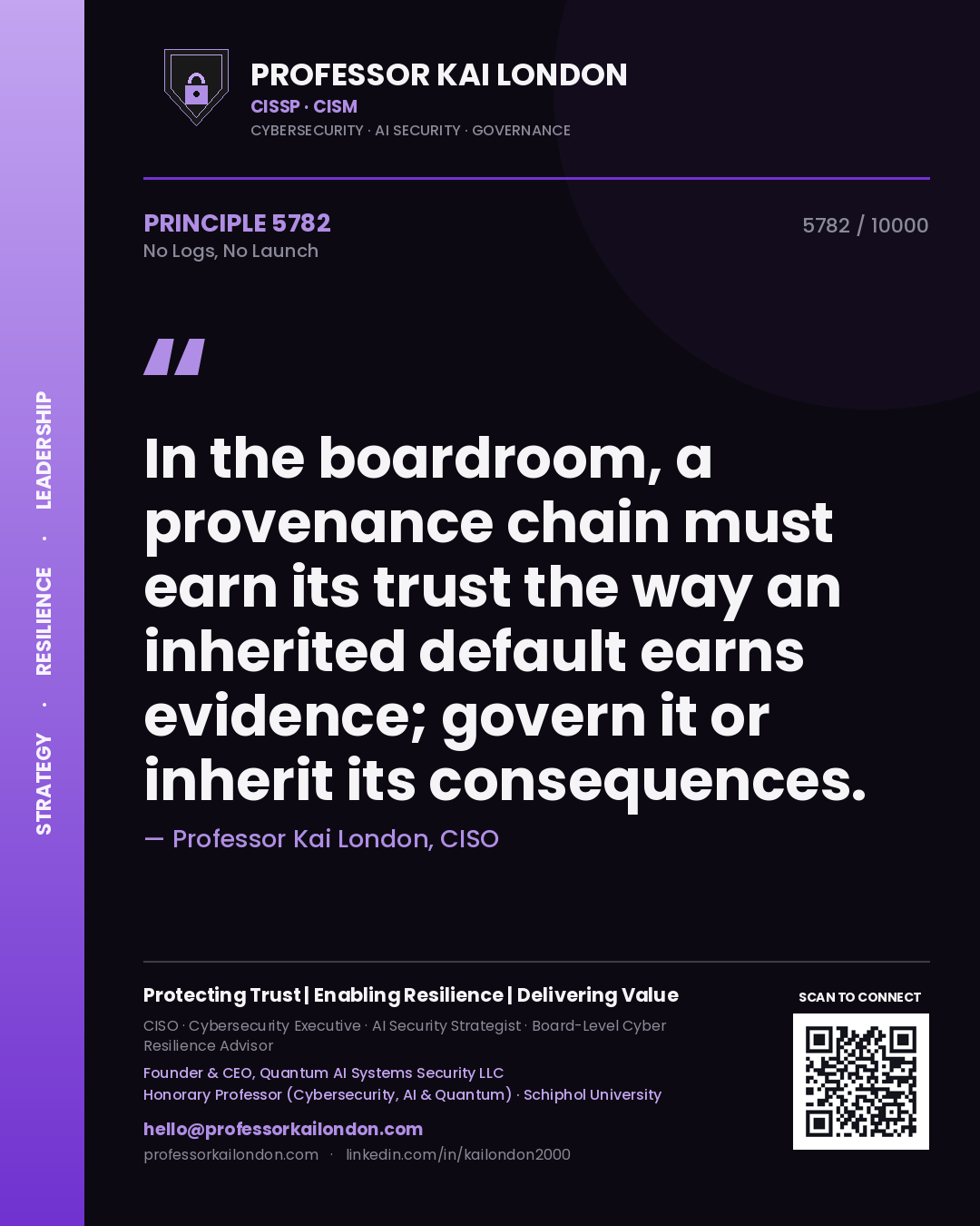 Quote card by Professor Kai London reading 'In the boardroom, a provenance chain must earn its trust the way an inherited default earns evidence; govern it or inherit its consequences.'. From the book No Logs, No Launch.