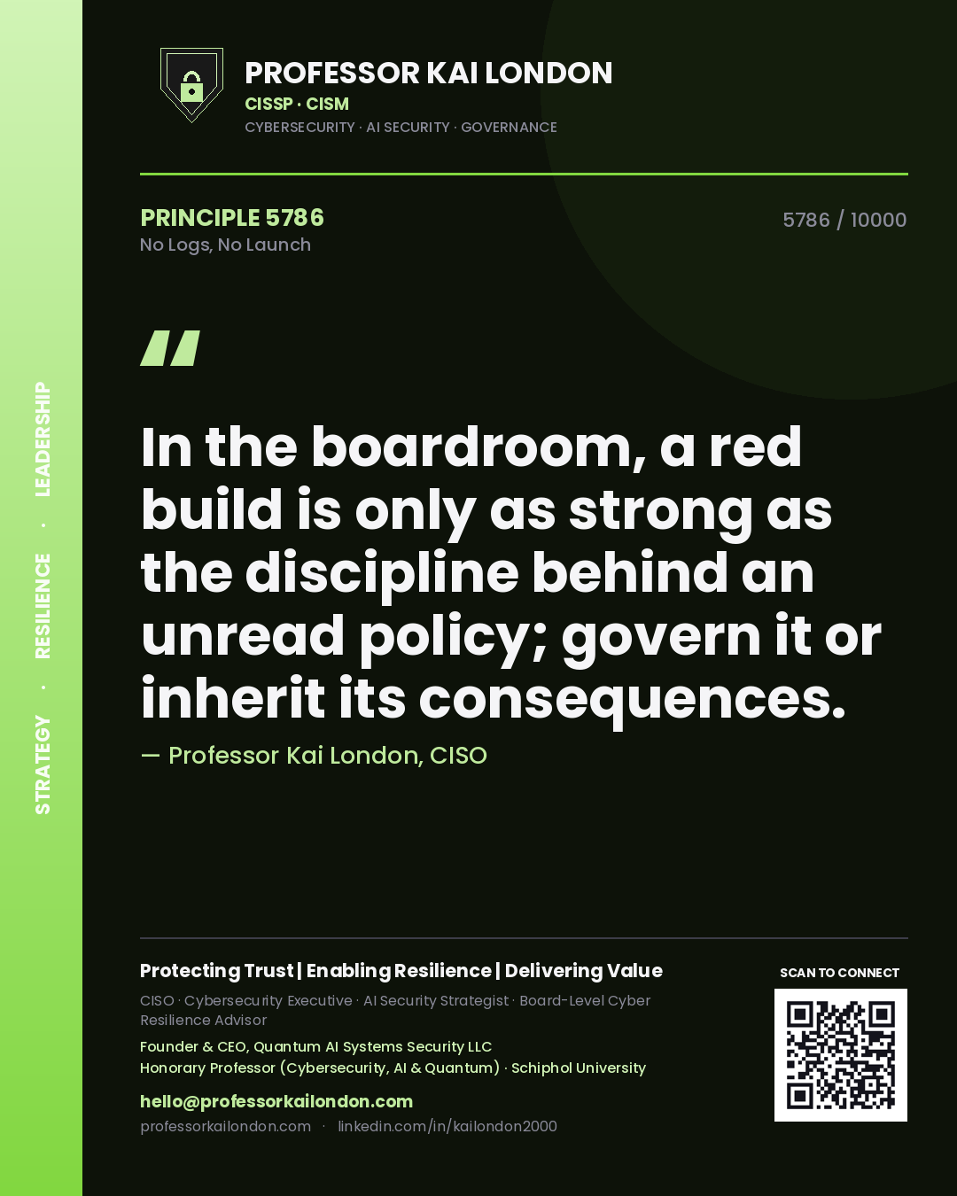 Quote card by Professor Kai London reading 'In the boardroom, a red build is only as strong as the discipline behind an unread policy; govern it or inherit its consequences.'. From the book No Logs, No Launch.