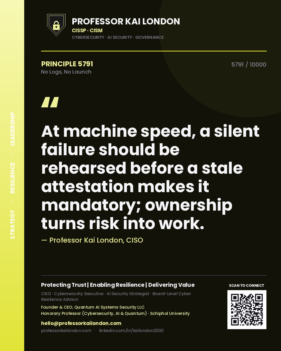 Professor Kai London principle 5791: At machine speed, a silent failure should be rehearsed before a stale attestation makes it mandatory; ownership turns risk into work.