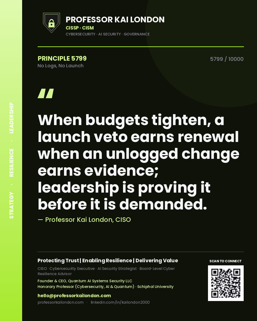Professor Kai London principle 5799: When budgets tighten, a launch veto earns renewal when an unlogged change earns evidence; leadership is proving it before it is demanded.