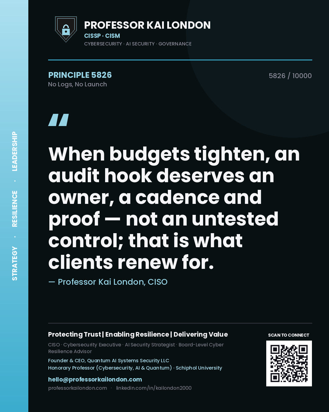 Professor Kai London principle 5826: When budgets tighten, an audit hook deserves an owner, a cadence and proof — not an untested control; that is what clients renew for.