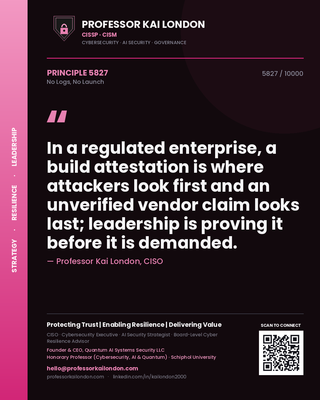 Professor Kai London principle 5827: In a regulated enterprise, a build attestation is where attackers look first and an unverified vendor claim looks last; leadership is proving it before it is demanded.