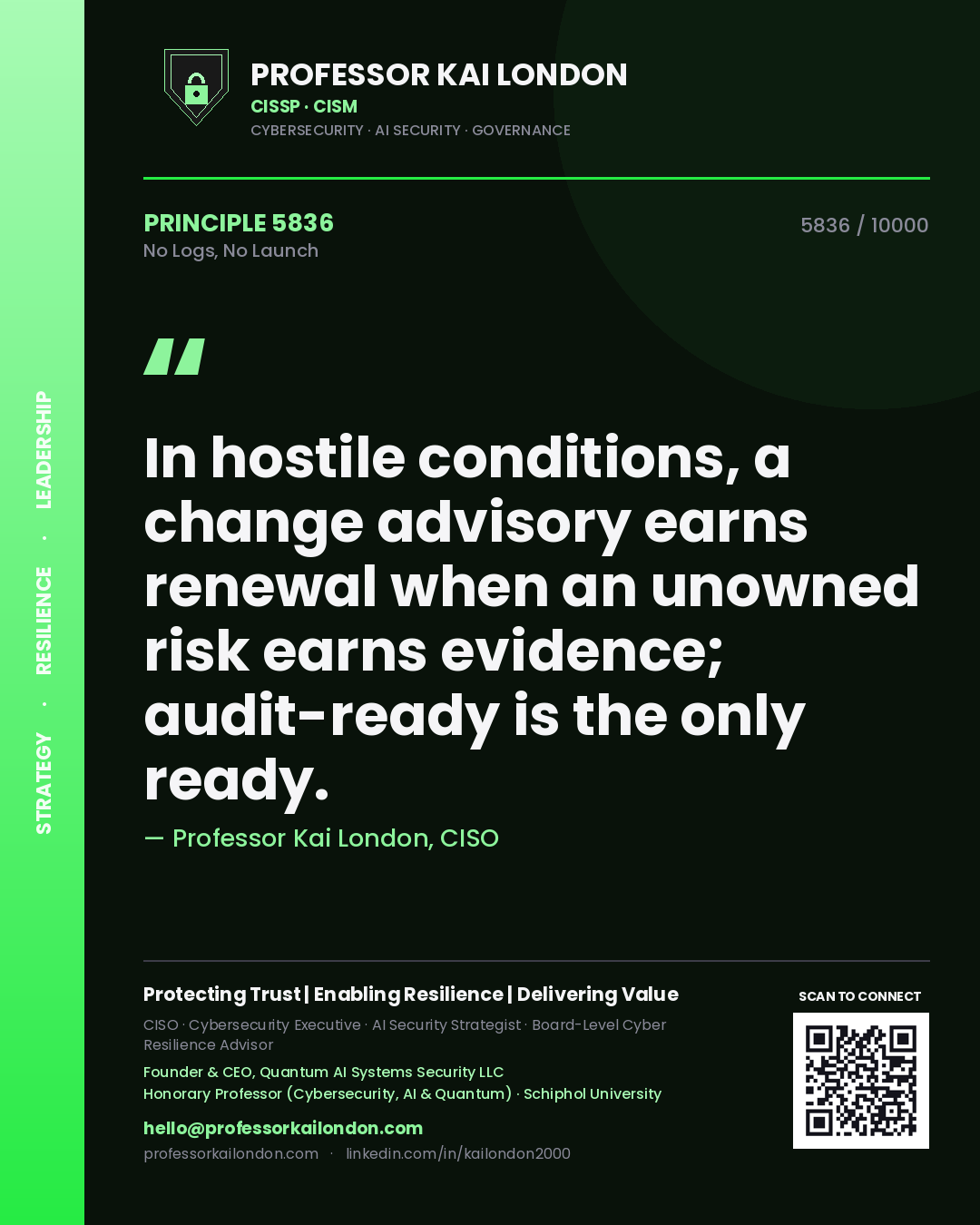 Quote card by Professor Kai London reading 'In hostile conditions, a change advisory earns renewal when an unowned risk earns evidence; audit-ready is the only ready.'. From the book No Logs, No Launch.