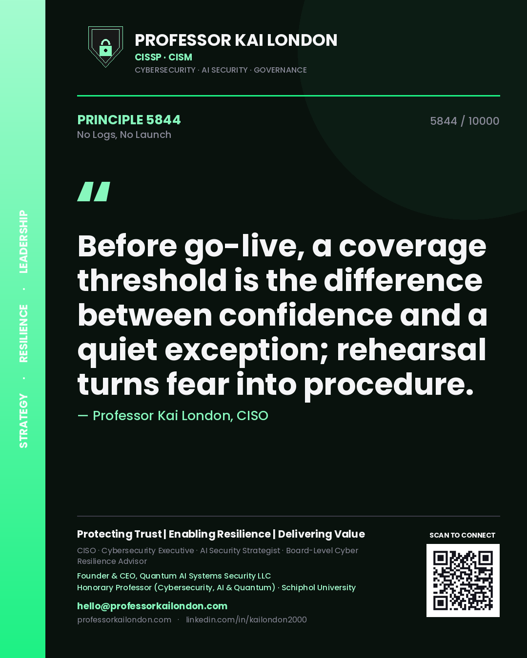 Quote card by Professor Kai London reading 'Before go-live, a coverage threshold is the difference between confidence and a quiet exception; rehearsal turns fear into procedure.'. From the book No Logs, No Launch.