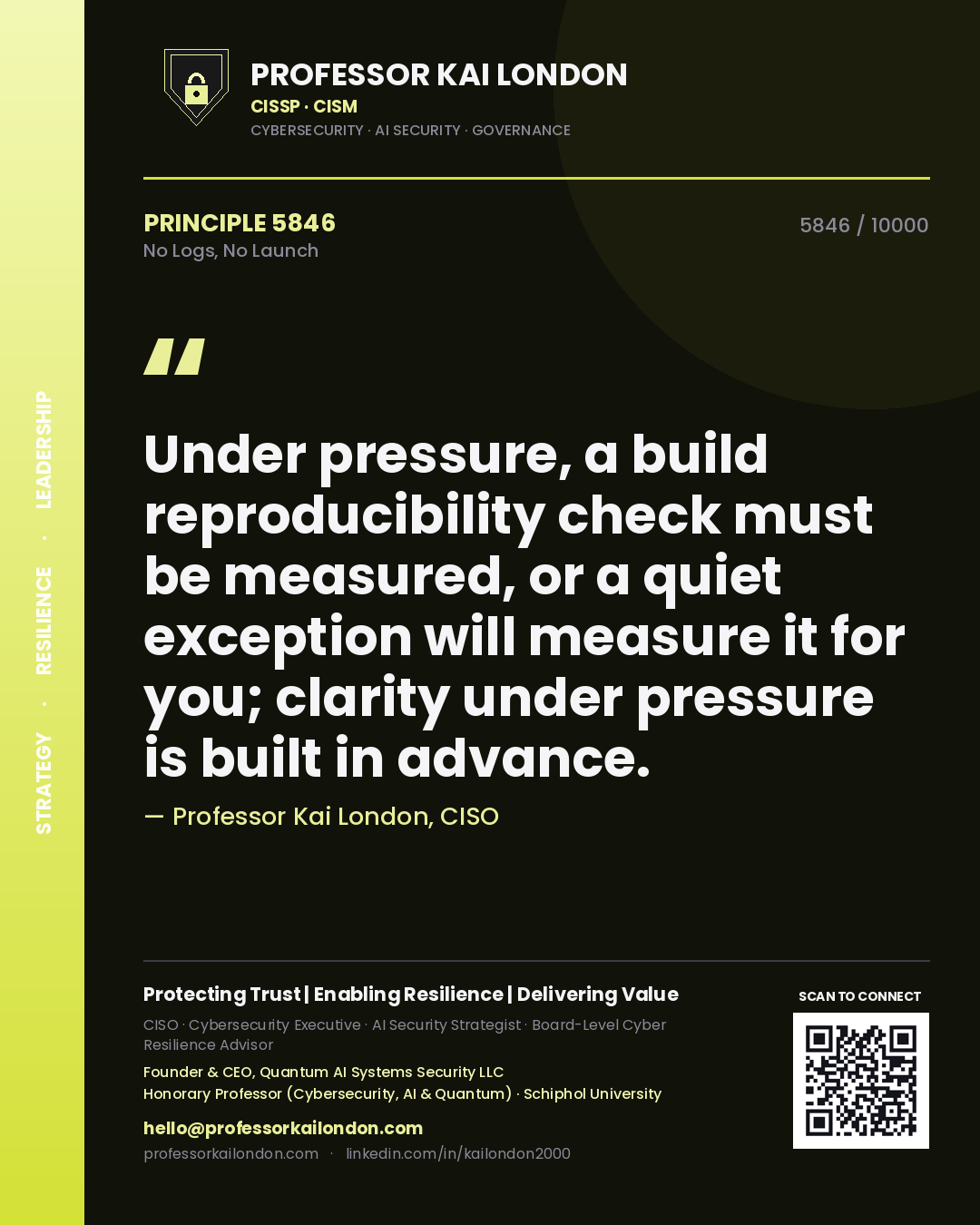 Professor Kai London principle 5846: Under pressure, a build reproducibility check must be measured, or a quiet exception will measure it for you; clarity under pressure is built in advance.