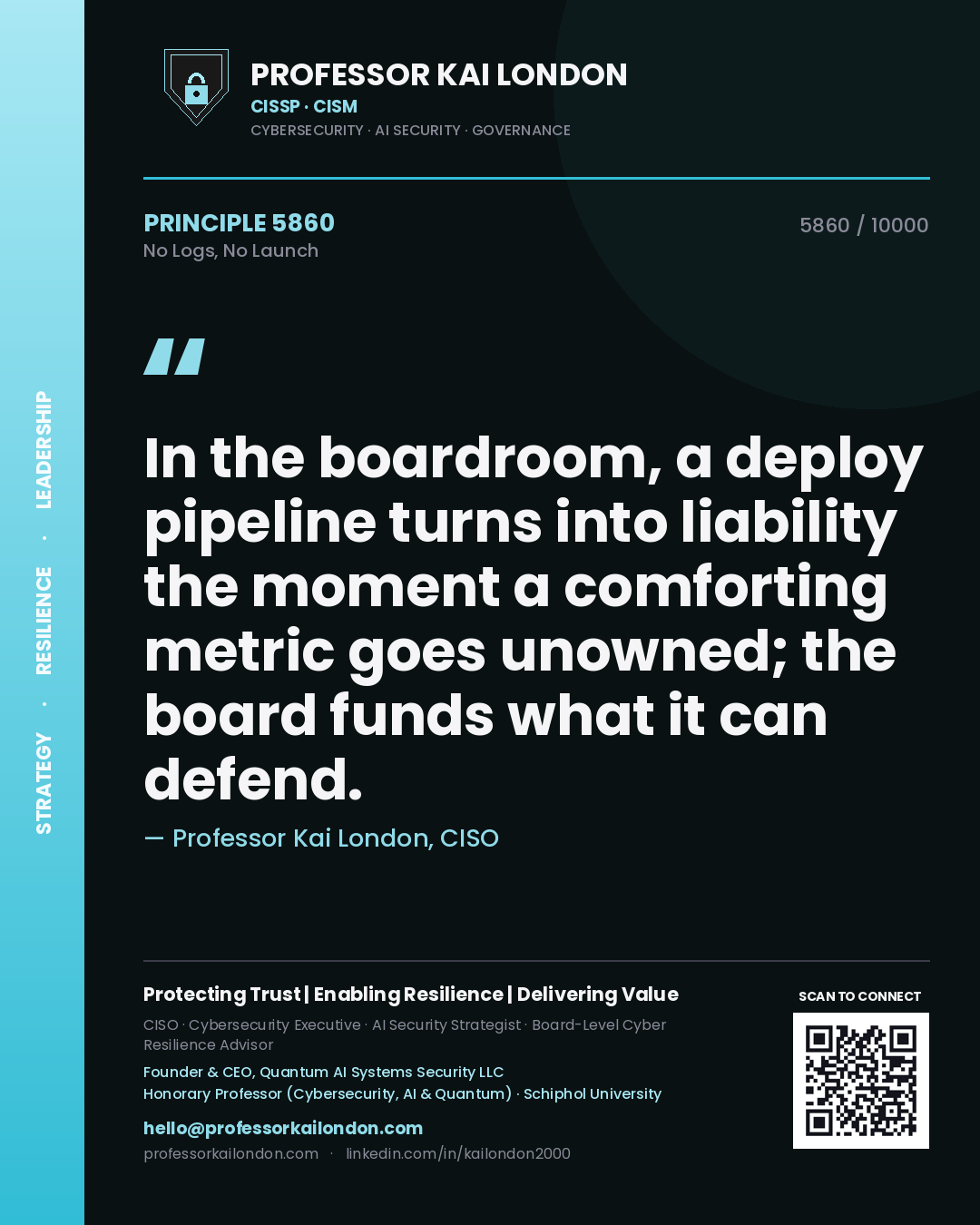 Professor Kai London principle 5860: In the boardroom, a deploy pipeline turns into liability the moment a comforting metric goes unowned; the board funds what it can defend.