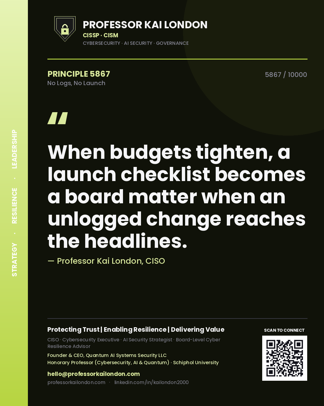 Professor Kai London principle 5867: When budgets tighten, a launch checklist becomes a board matter when an unlogged change reaches the headlines.