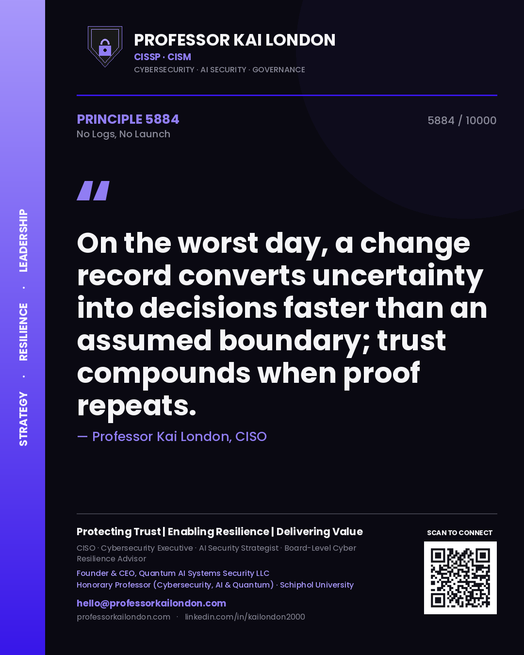 Quote card by Professor Kai London reading 'On the worst day, a change record converts uncertainty into decisions faster than an assumed boundary; trust compounds when proof repeats.'. From the book No Logs, No Launch.