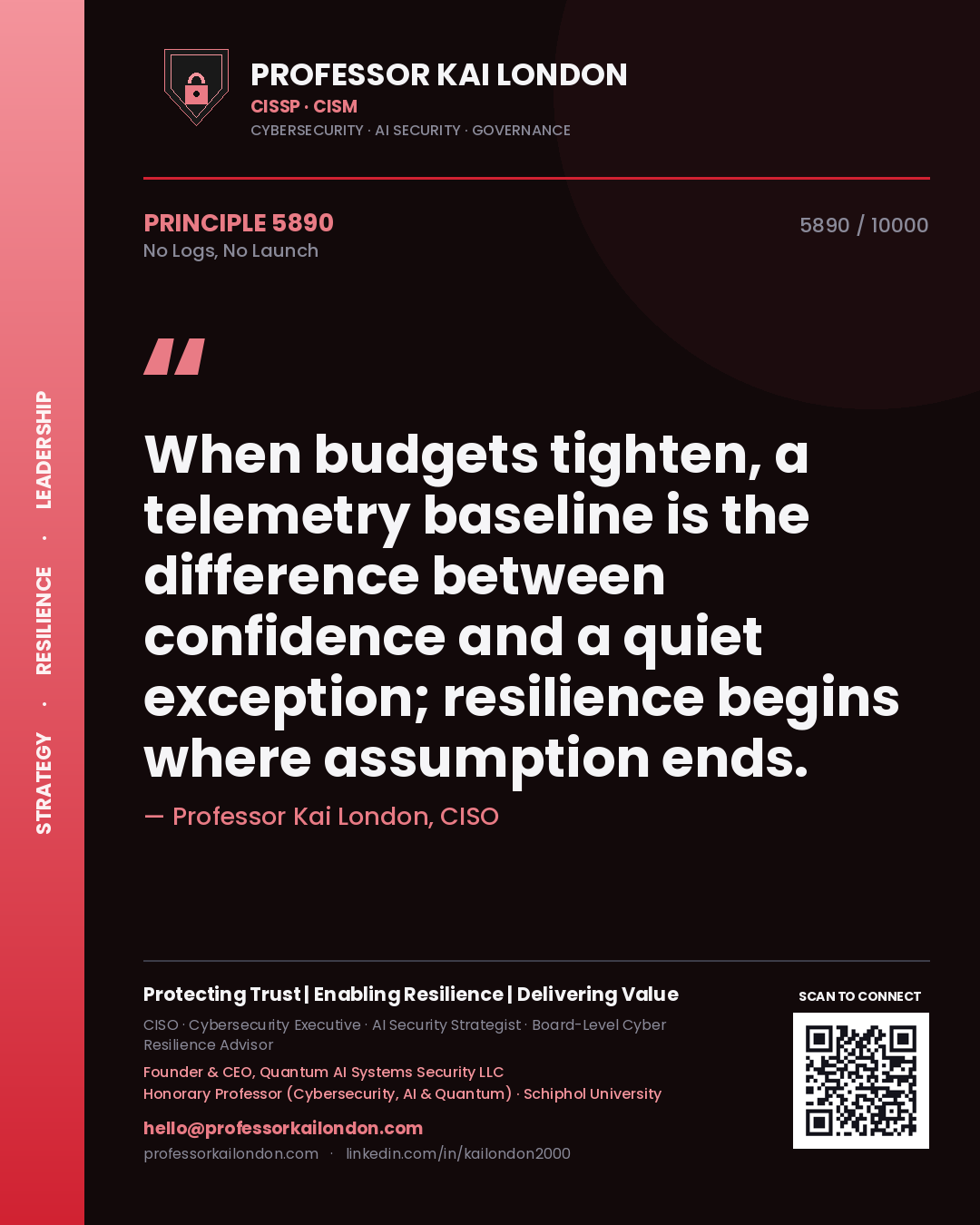 Quote card by Professor Kai London reading 'When budgets tighten, a telemetry baseline is the difference between confidence and a quiet exception; resilience begins where assumption ends.'. From the book No Logs, No Launch.