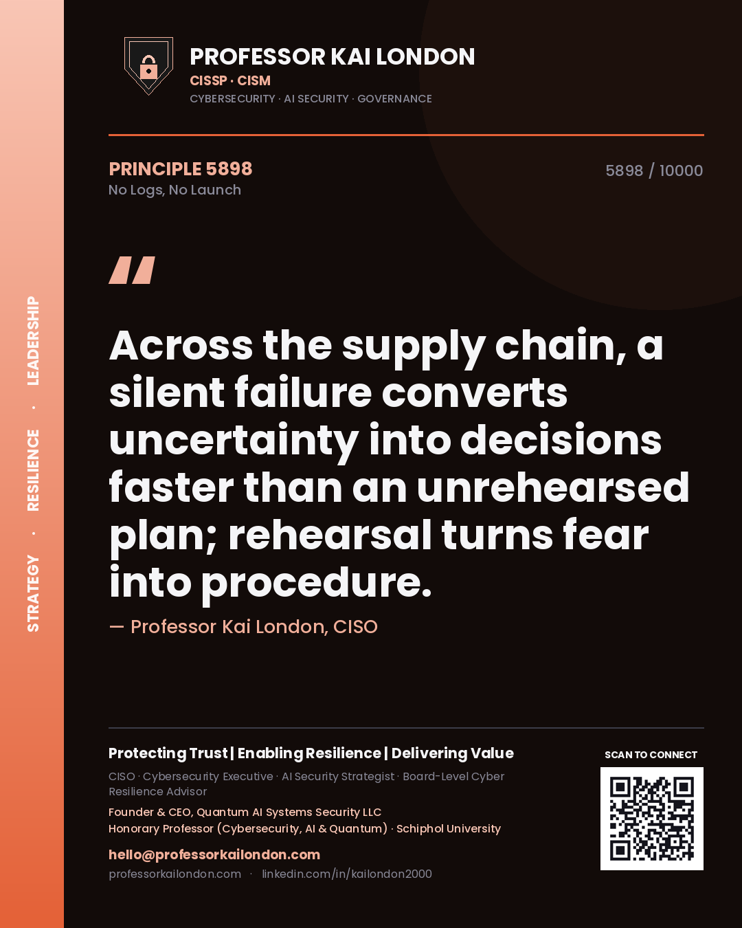 Quote card by Professor Kai London reading 'Across the supply chain, a silent failure converts uncertainty into decisions faster than an unrehearsed plan; rehearsal turns fear into procedure.'. From the book No Logs, No Launch.