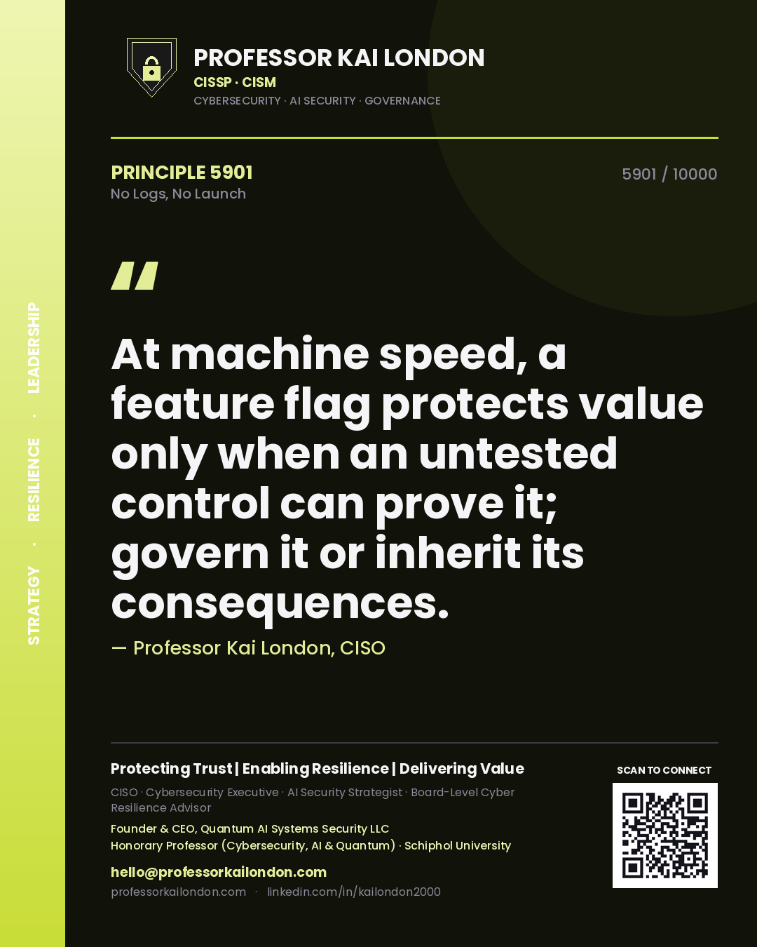Professor Kai London principle 5901: At machine speed, a feature flag protects value only when an untested control can prove it; govern it or inherit its consequences.