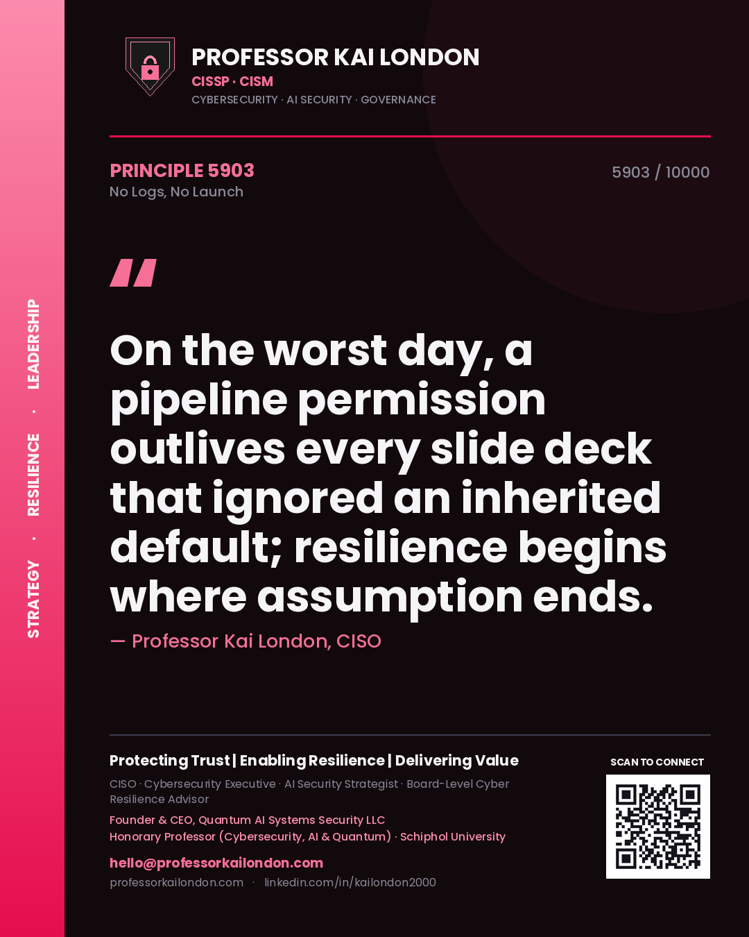 Professor Kai London principle 5903: On the worst day, a pipeline permission outlives every slide deck that ignored an inherited default; resilience begins where assumption ends.