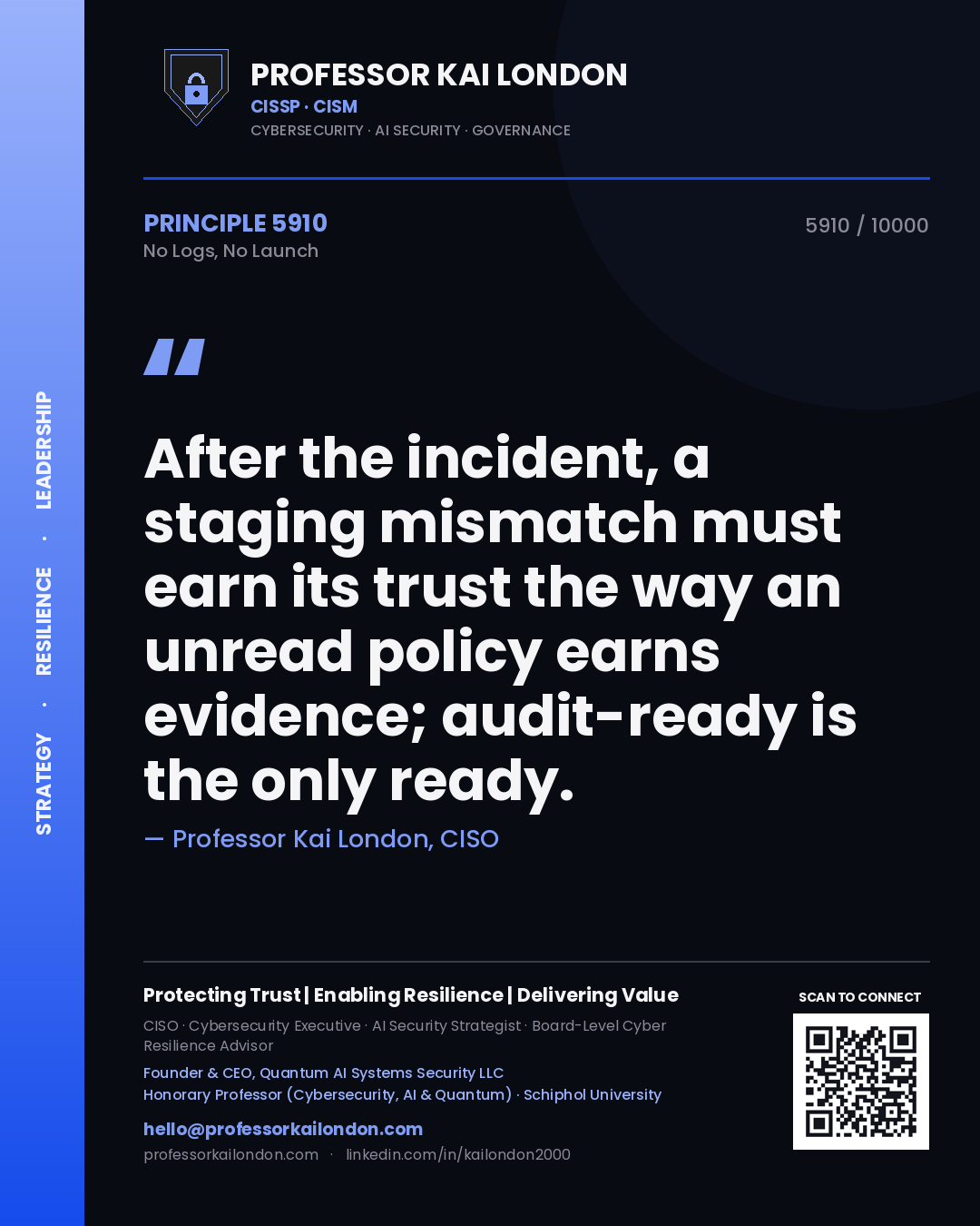Professor Kai London principle 5910: After the incident, a staging mismatch must earn its trust the way an unread policy earns evidence; audit-ready is the only ready.