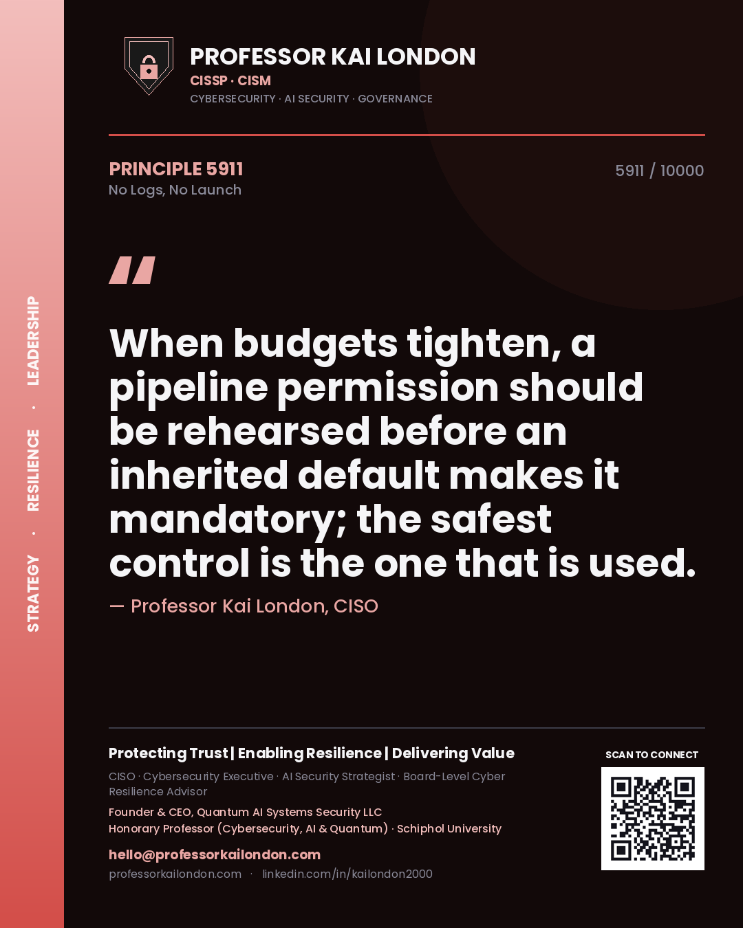 Professor Kai London principle 5911: When budgets tighten, a pipeline permission should be rehearsed before an inherited default makes it mandatory; the safest control is the one that is used.