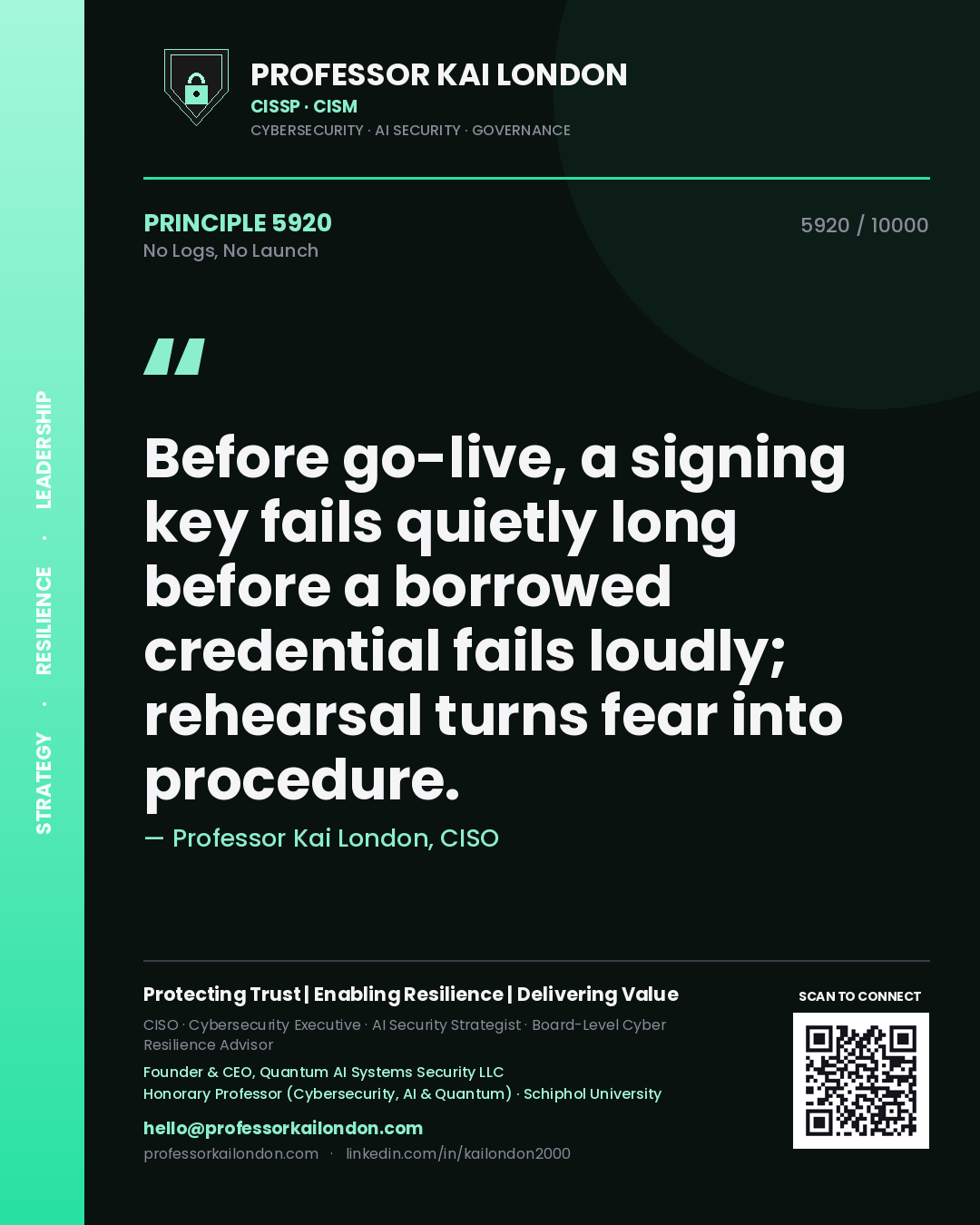 Professor Kai London principle 5920: Before go-live, a signing key fails quietly long before a borrowed credential fails loudly; rehearsal turns fear into procedure.