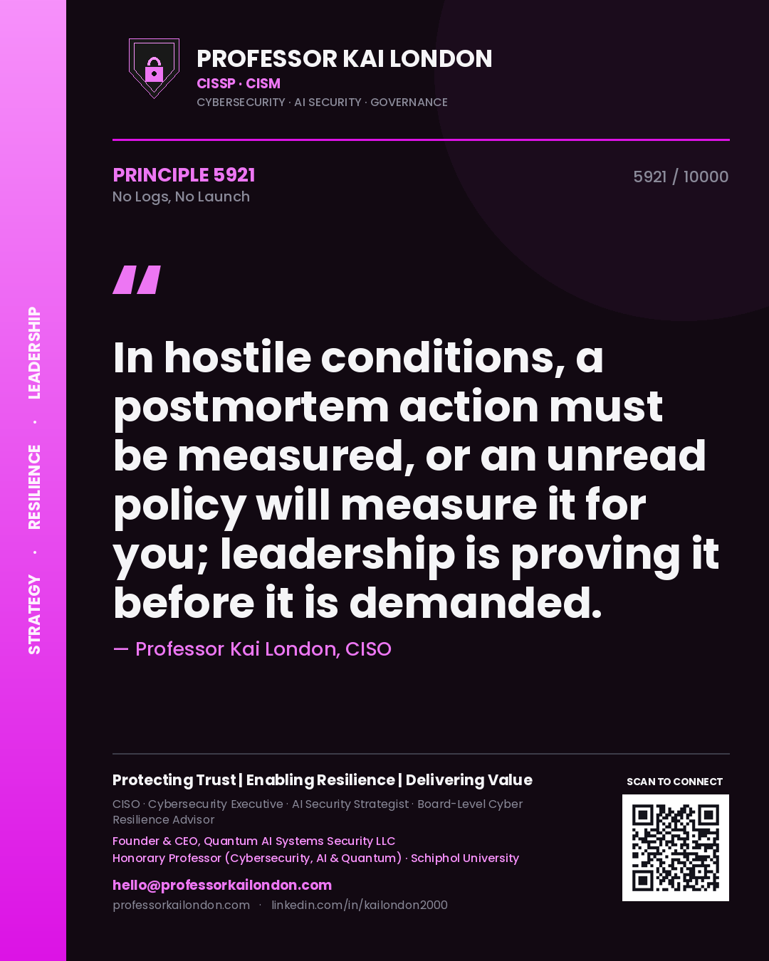 Quote card by Professor Kai London reading 'In hostile conditions, a postmortem action must be measured, or an unread policy will measure it for you; leadership is proving it before it is demanded.'. From the book No Logs, No Launch.