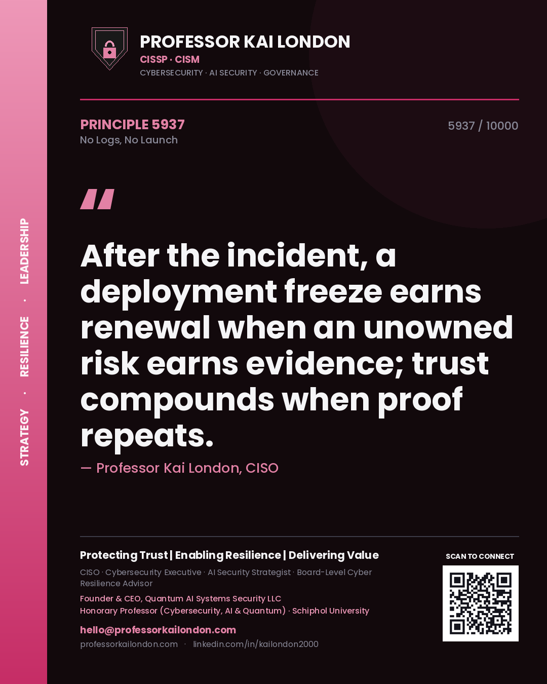 Quote card by Professor Kai London reading 'After the incident, a deployment freeze earns renewal when an unowned risk earns evidence; trust compounds when proof repeats.'. From the book No Logs, No Launch.