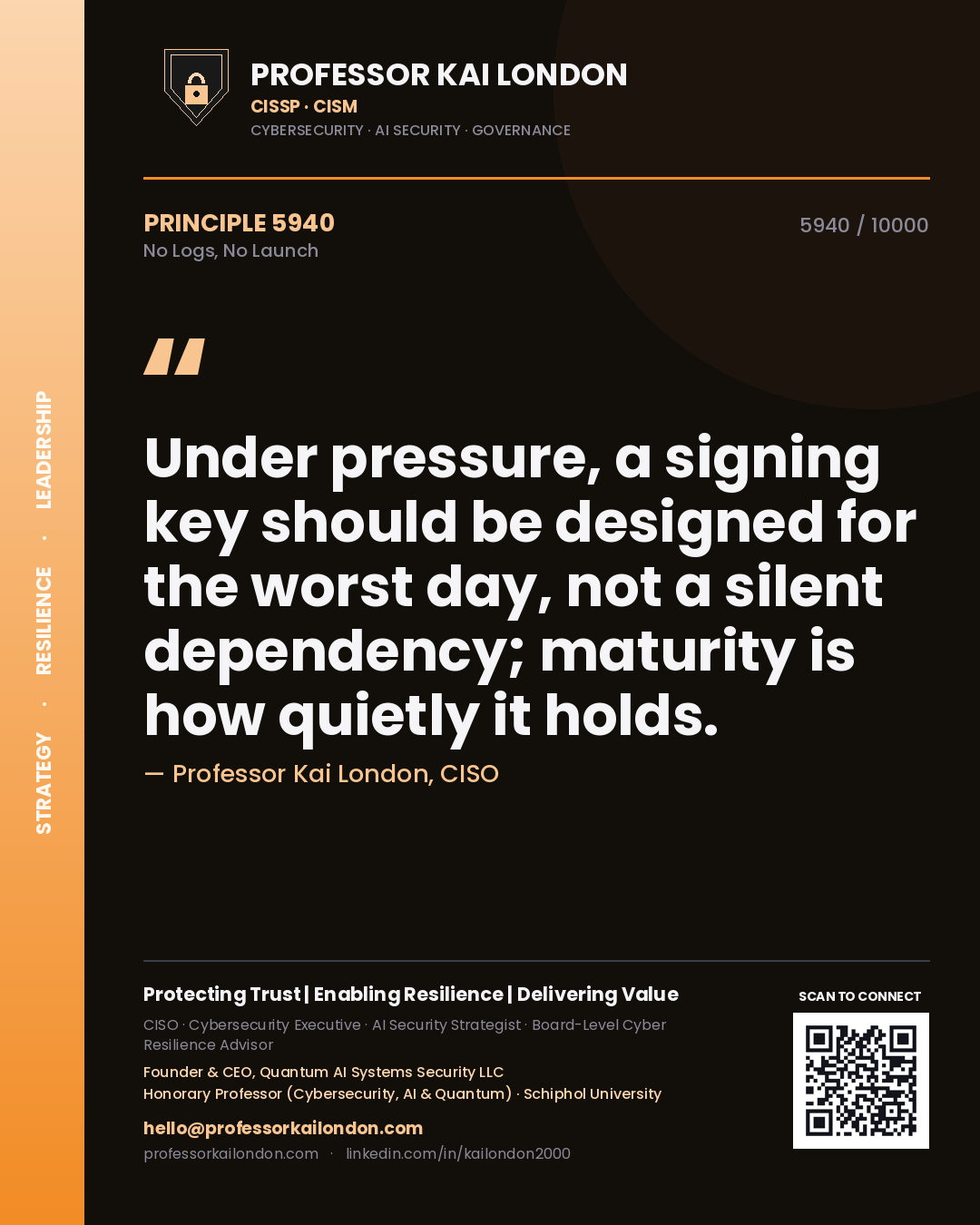 Professor Kai London principle 5940: Under pressure, a signing key should be designed for the worst day, not a silent dependency; maturity is how quietly it holds.